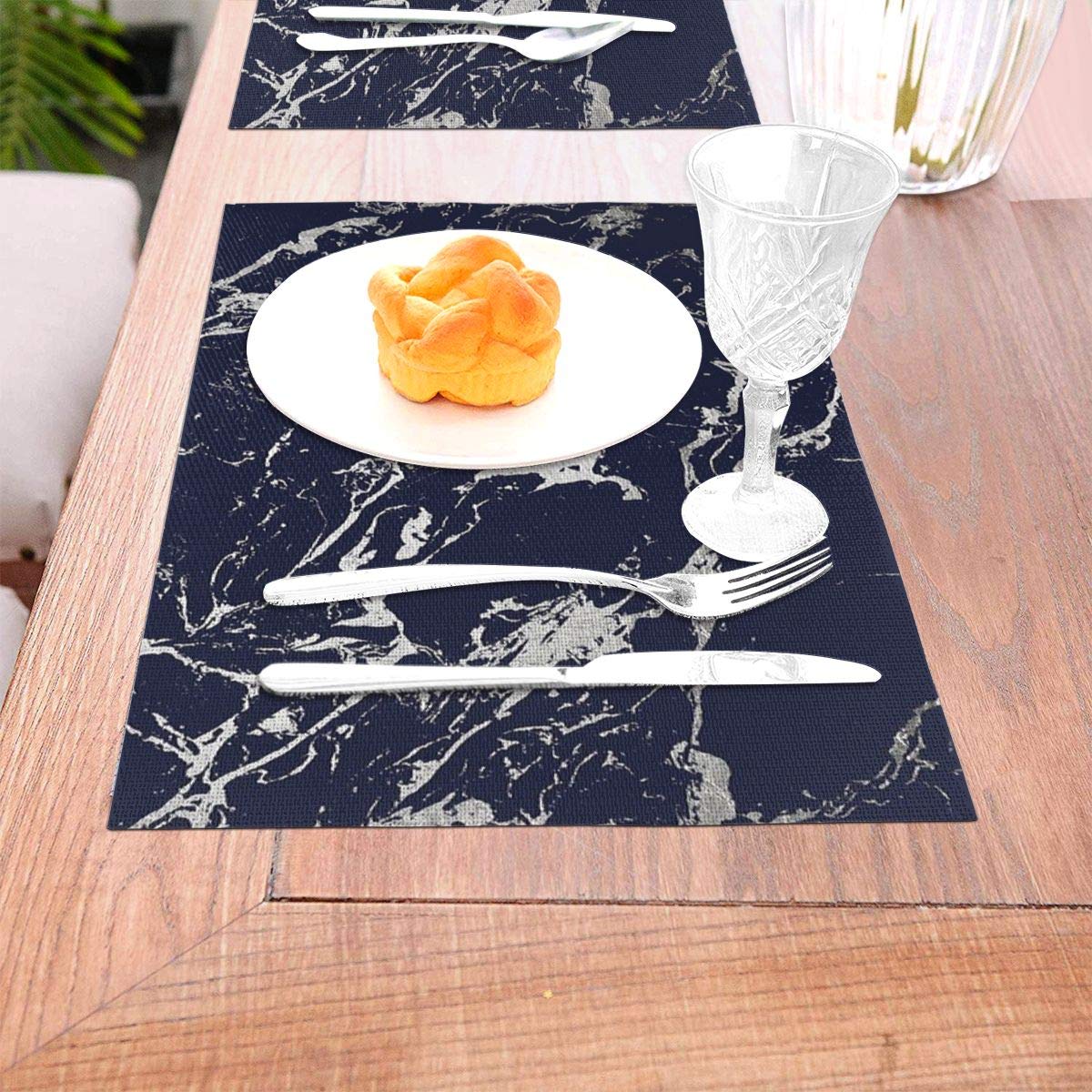 not Modern Navy Blue Silver Marble Pattern Woven Placemat6 Piece Set of Placemats Pc Party Kitchen Dining Room Home Table Food Dinnerware Tableware Dishware Dishes Mat
