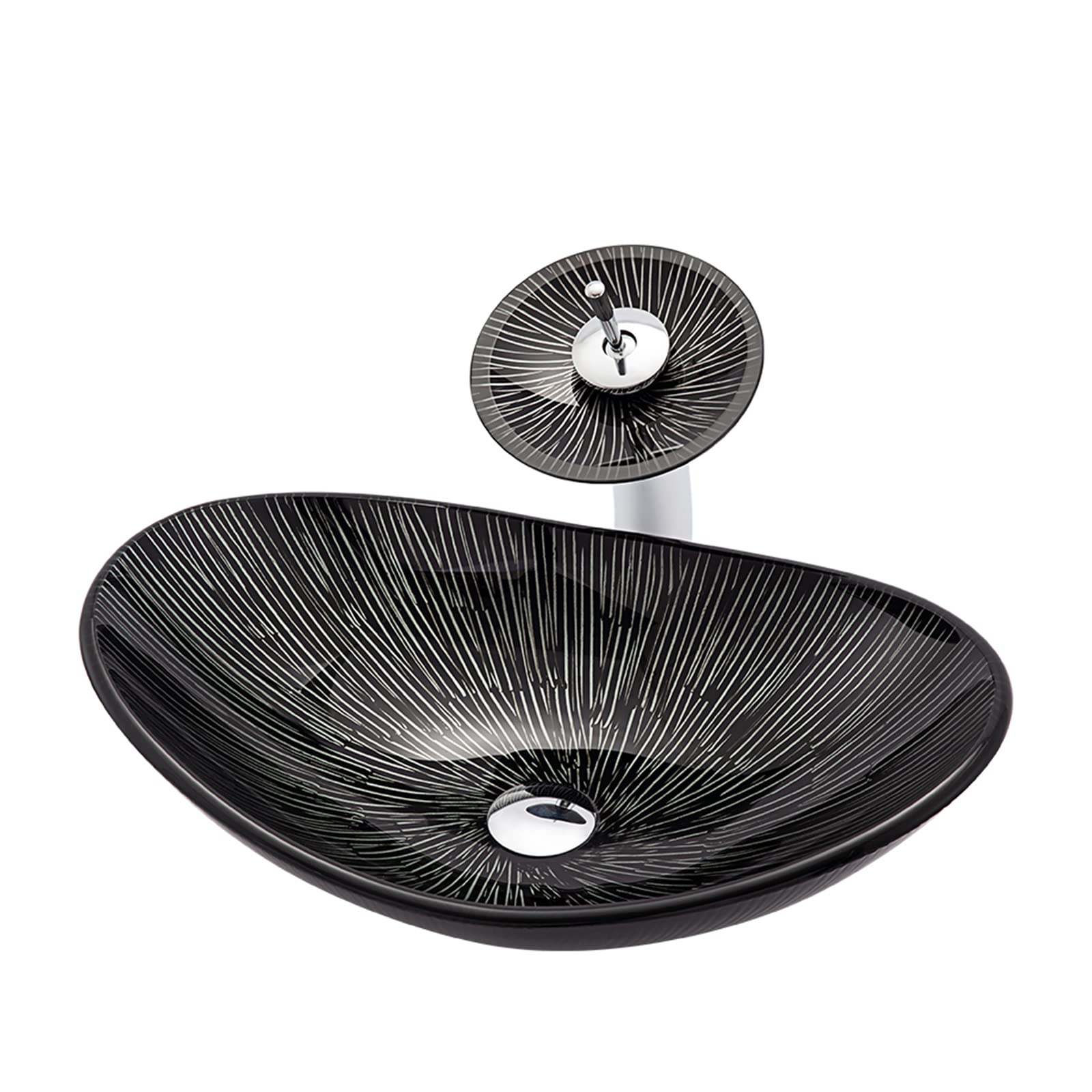 Aioneer Bathroom Vessel Sink Black And White Lines Tempered Glass Vessel Sink Combo Counter Top Installation Oval Bathroom Vessel Vanity Sink Art Basin With Brass Waterfall Fauce
