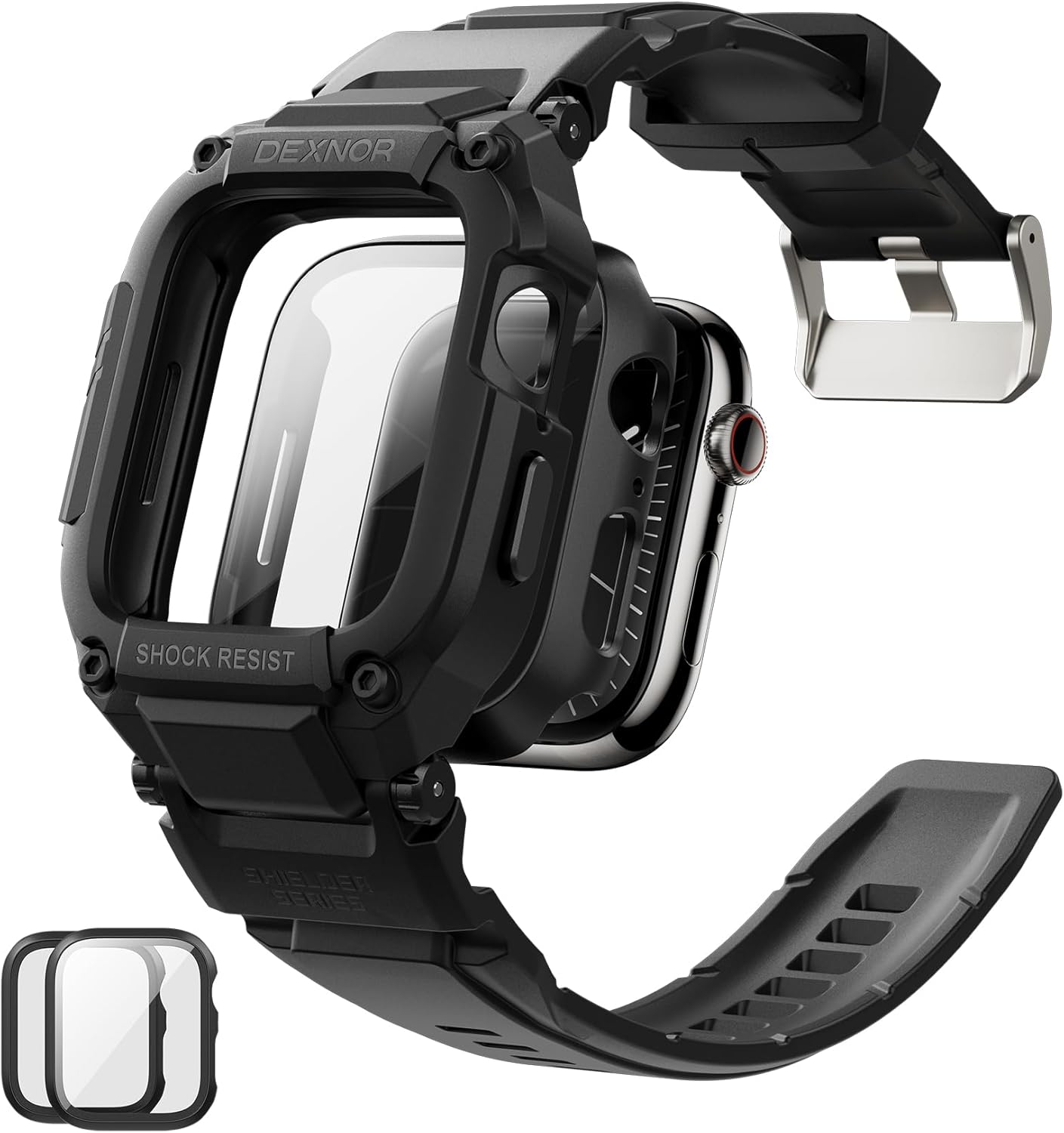 Product image of Dexnor for Apple Watch Series 9/8/7 [45mm] Band with Case, Series SE2/SE/6/5/4 [44mm] Band, [Built-in 2 Sets Tempered Glass Screen Protector] Snap-on Apple Watch Cover with Band, Black