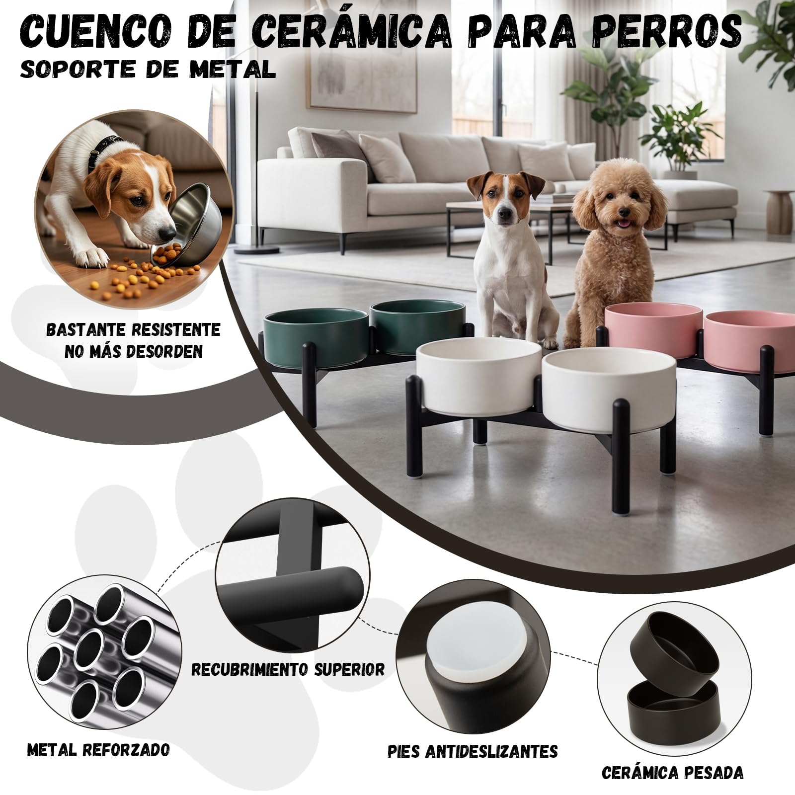 Comedero Perro Elevado de Cerámica - Cuenco Doble con Soporte de Acero Inoxidable - Platos para Perros Pequeños y Medianos - 660 ml x 2 - Negro