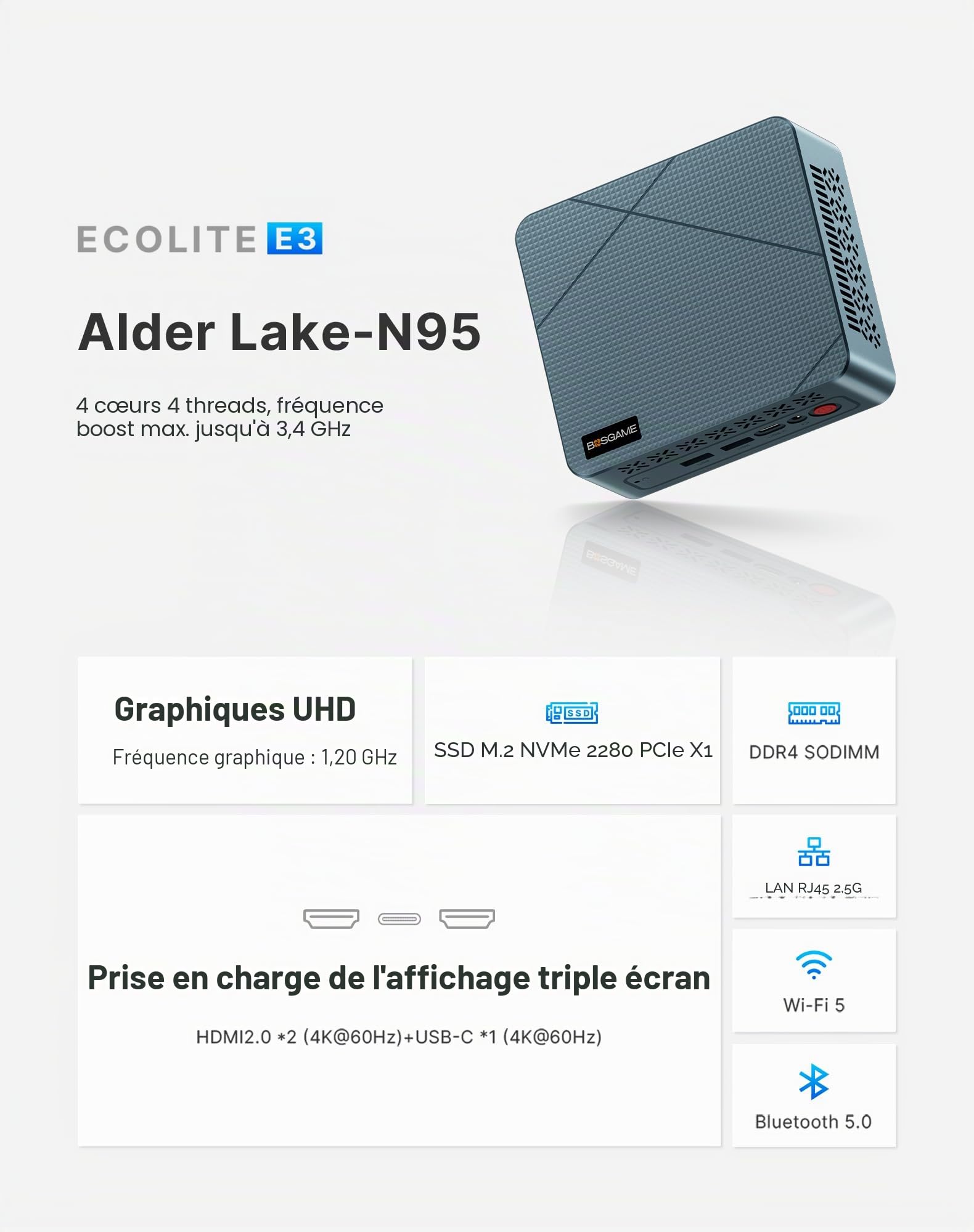 BOSGAME E3 Neo Mini PC Bureau, N95 Jusqu'à 3,4GHz, 16Go DDR4 RAM, 512Go SSD | windows 11, Double HDMI 4K, Triple Écran, WiFi5/BT5.0, Expédié de France, Mini Ordinateur Bureau, Télétravail, Home Cinéma