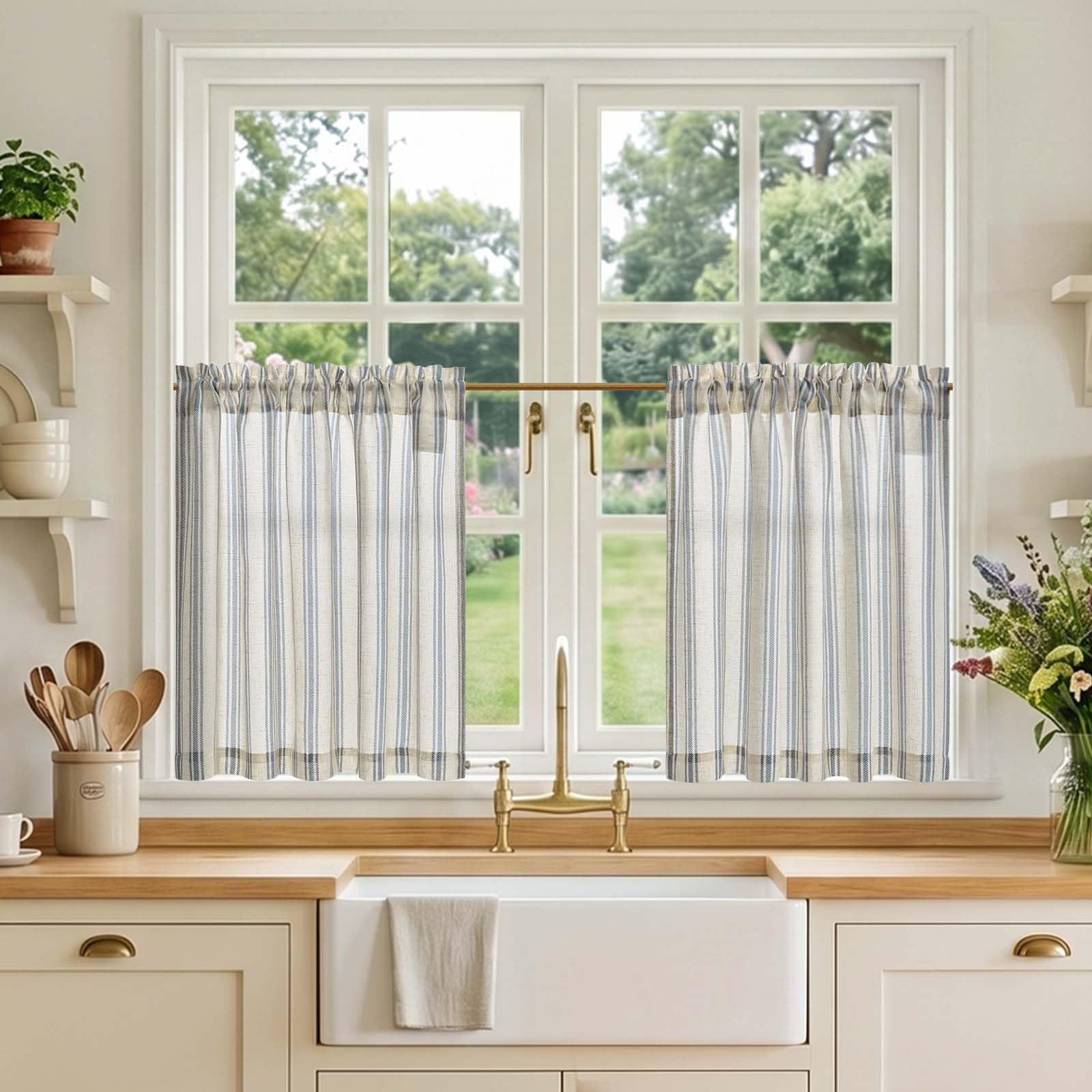 TOPICK Linen Look Kitchen Curtains, Cafe Curtains, W36 xL24 Blue Striped