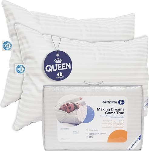 Continental Bedding Superior 700 Fill Power - Almohadas de plumón de ganso blanco húngaro (25 onzas), 100% algodón a rayas de damasco, tamaño Queen,