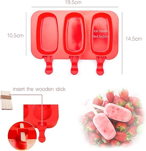 Miniatura 5 de Molde de silicona para helado de Beicemania sin BPA con palos de madera clásicos ovalados redondos, Clásico, Rojo