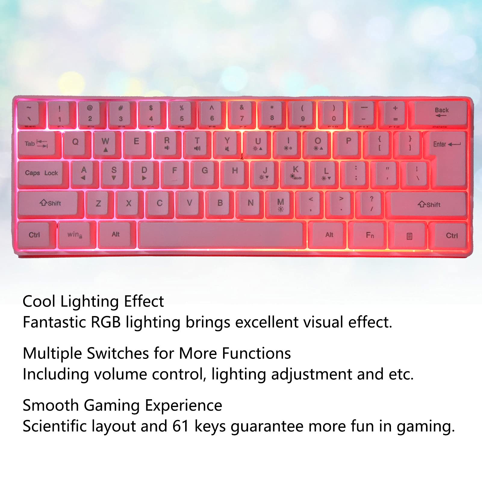 Tastiera da Gioco Meccanica,61 Tasti Tastiera Retroilluminata RGB Multicolore Gaming USB Cablato Meccanico Illuminato Gamer per PC/Mac Gamer Rosa