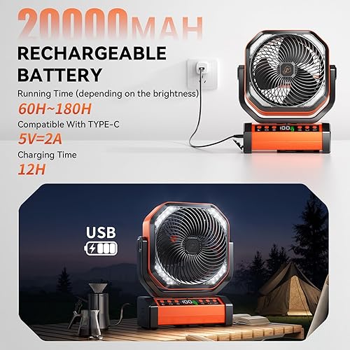 Miniatura 5 de Ventilador LED de campamento con luz, 20000 mAh recargable con batería para tienda de campaña al aire libre con luz y gancho, 8 velocidades,