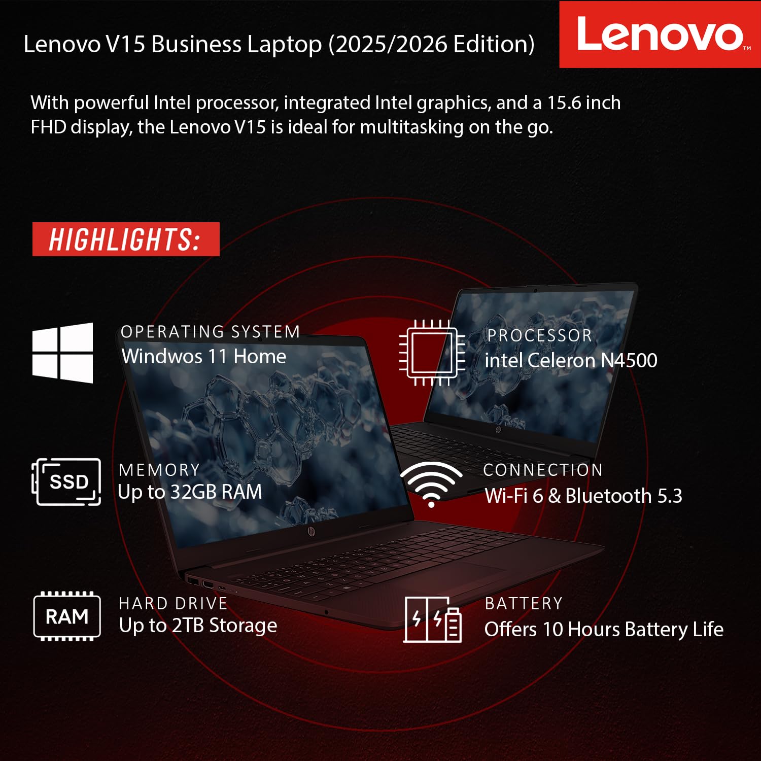 Lenovo 2026 New Generation V15 Business Laptop with Microsoft Office | 15.6" FHD Display | Intel High-Performance CPU | 16GB RAM | 512GB SSD | Ultra-Quiet Design | Long Battery Life | Windows 11 Pro