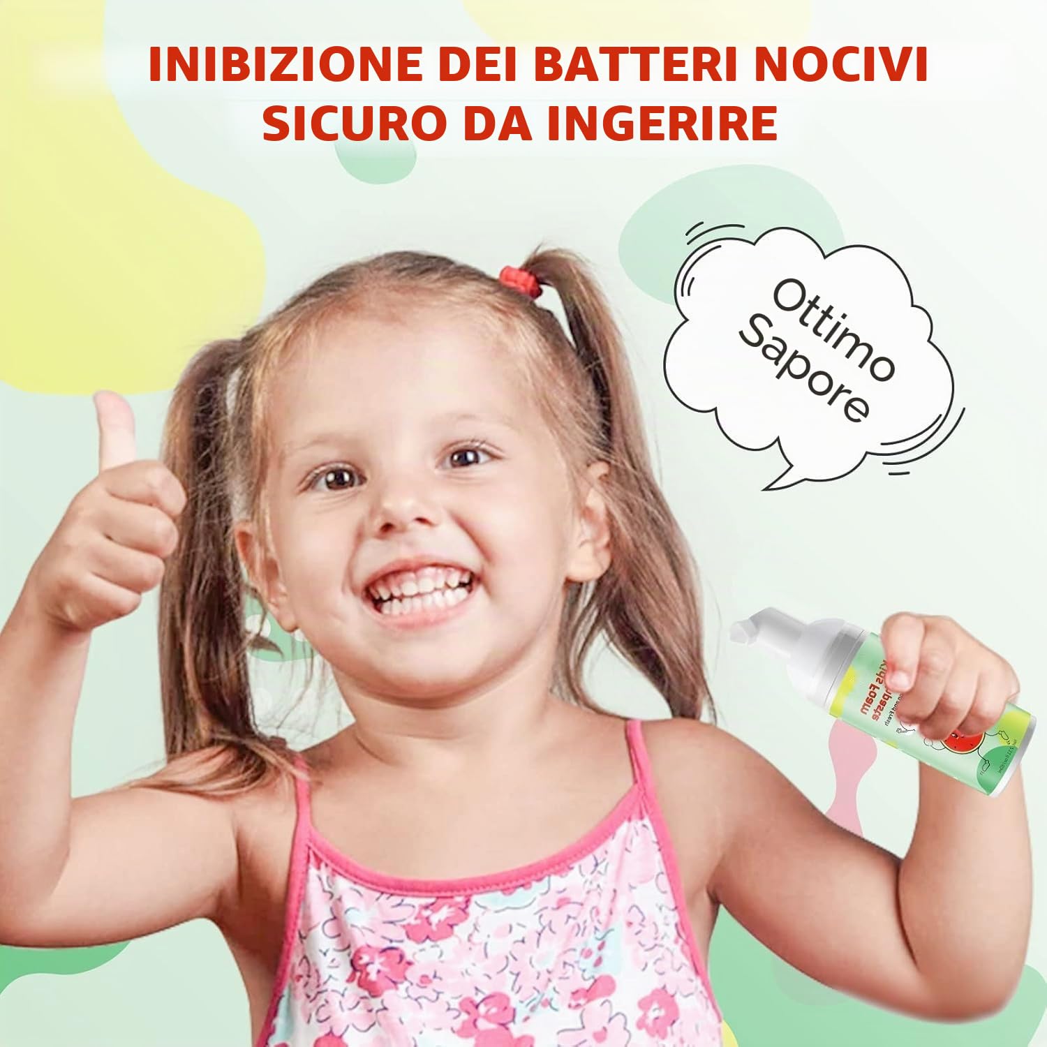 Dentifricio Schiuma Bambini, Riduce la Placca, Dentifricio in Schiuma Sbiancante a Basso Contenuto di Fluoro con Formula Naturale per Spazzolino a Forma di U dai 3 Anni in su (Fragola & Anguria)