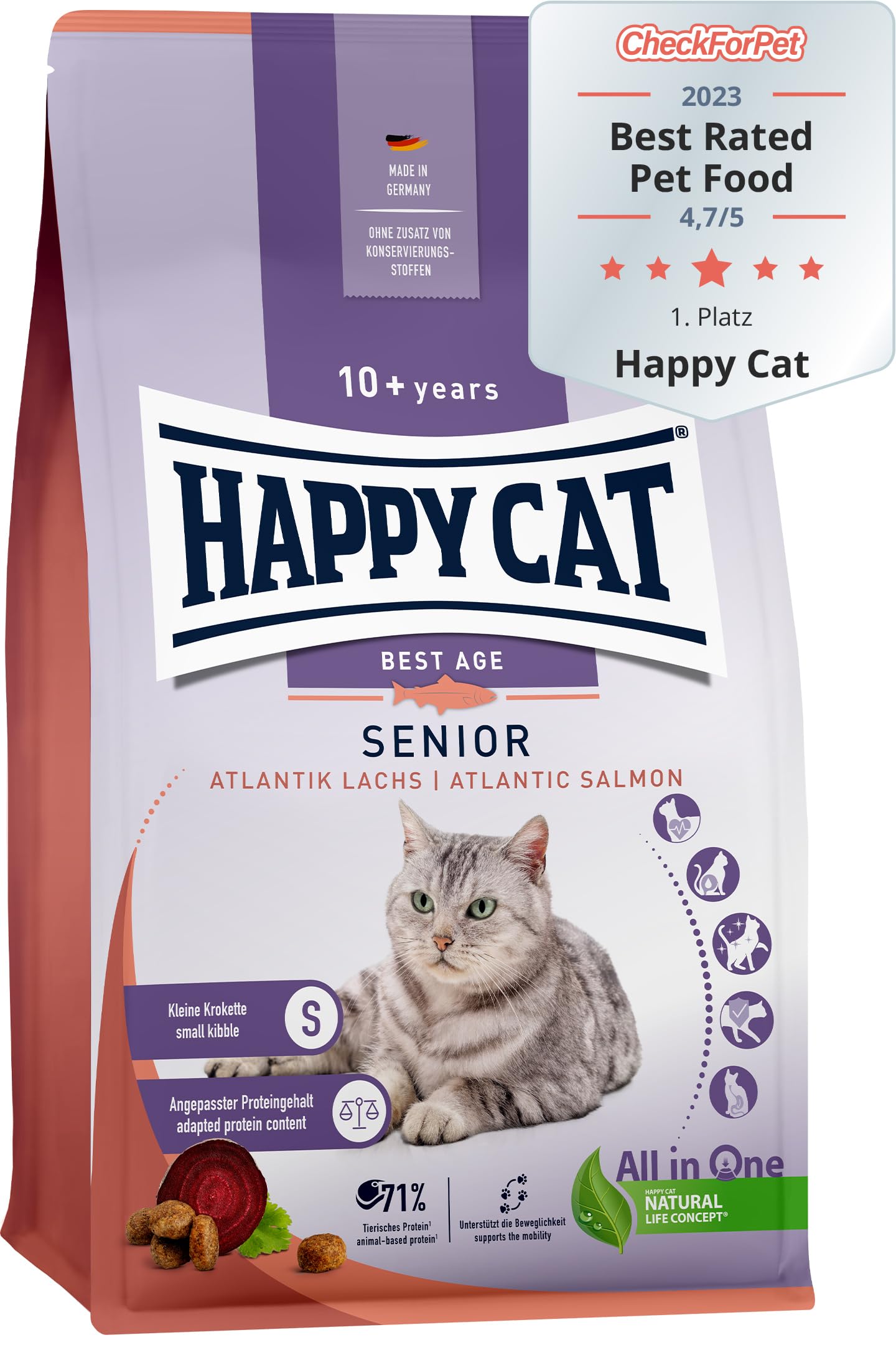 Happy Cat Senior Atlantik Lachs M - Trockenfutter für Katzensenioren ab dem 8. Lebensjahr - 4kg