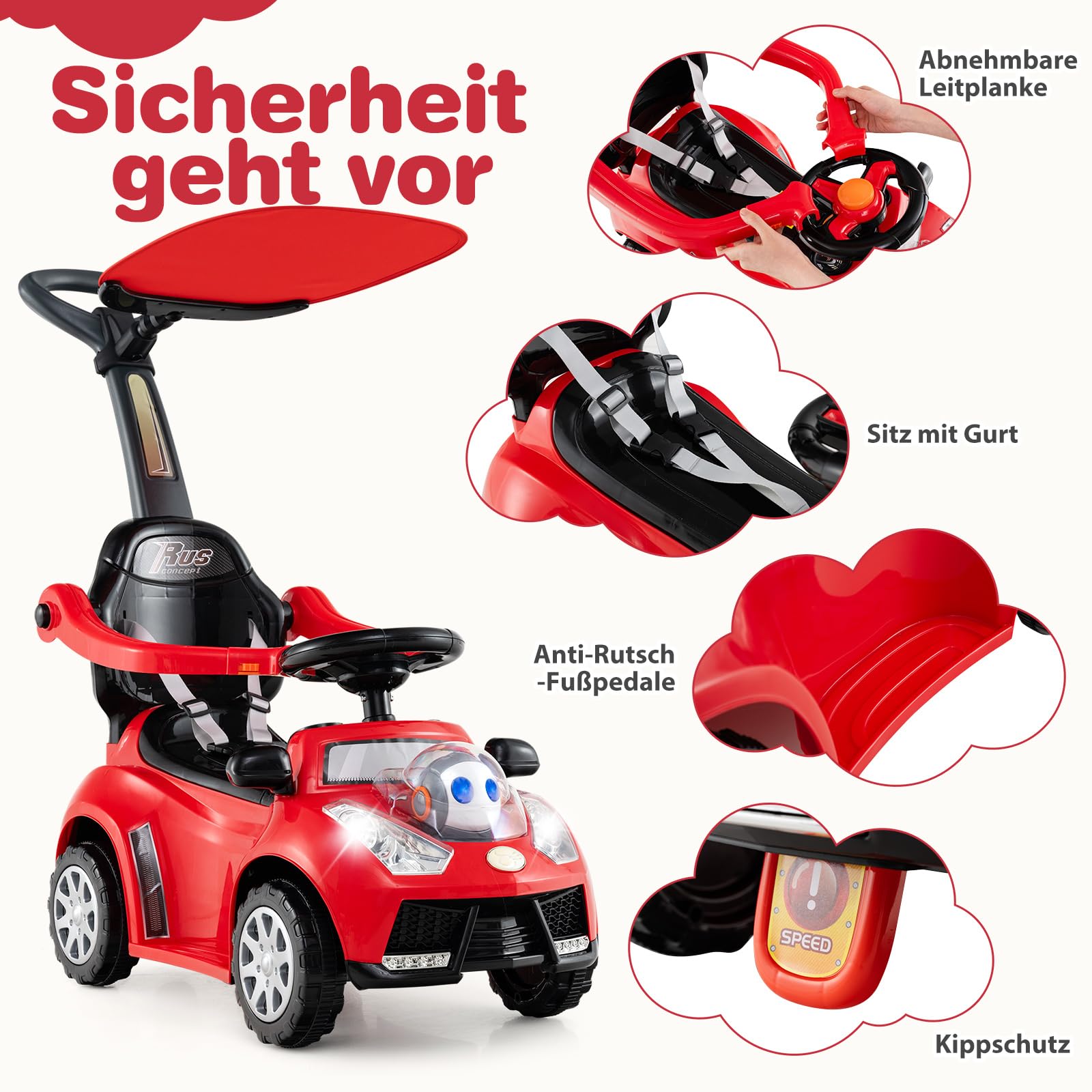 COSTWAY 3-in-1 Rutschauto mit Schiebestange, Rutschfahrzeug mit Hupe, Musik, Licht & Sicherheitsgurt, Schiebauto mit Stauraum, abnehmbarem Schutzbügel, Rutscher Auto für Kinder ab 1 Jahr (Rot)