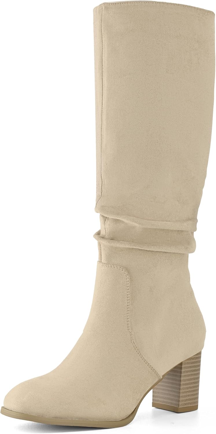 Shoe'N Tale Women’s Knee High Boots Suede Chunky Heel Square Toe Slouchy Long Boots with Side Zipper Comfortable and Stylish Tall Dress Shoes for Daily Wear