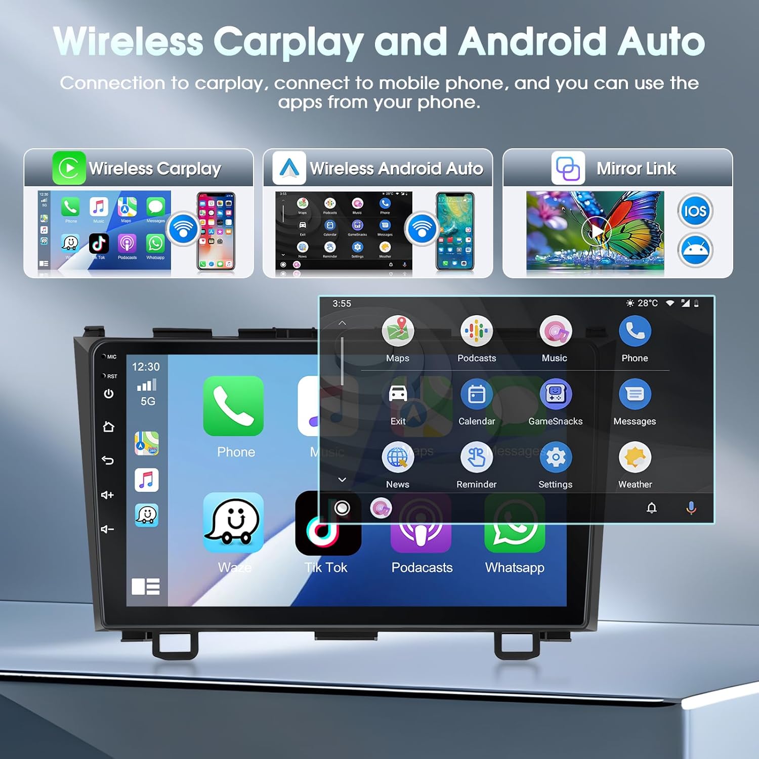 Car Stereo MP5 Player for Honda CRV 2007-2011，Apple Carplay Android Auto Radio with Mirror Link, 9" Touch Screen Car Radio with GPS Bluetooth WiFi FM Hi-Fi Dual USB SWC Input Backup Camera