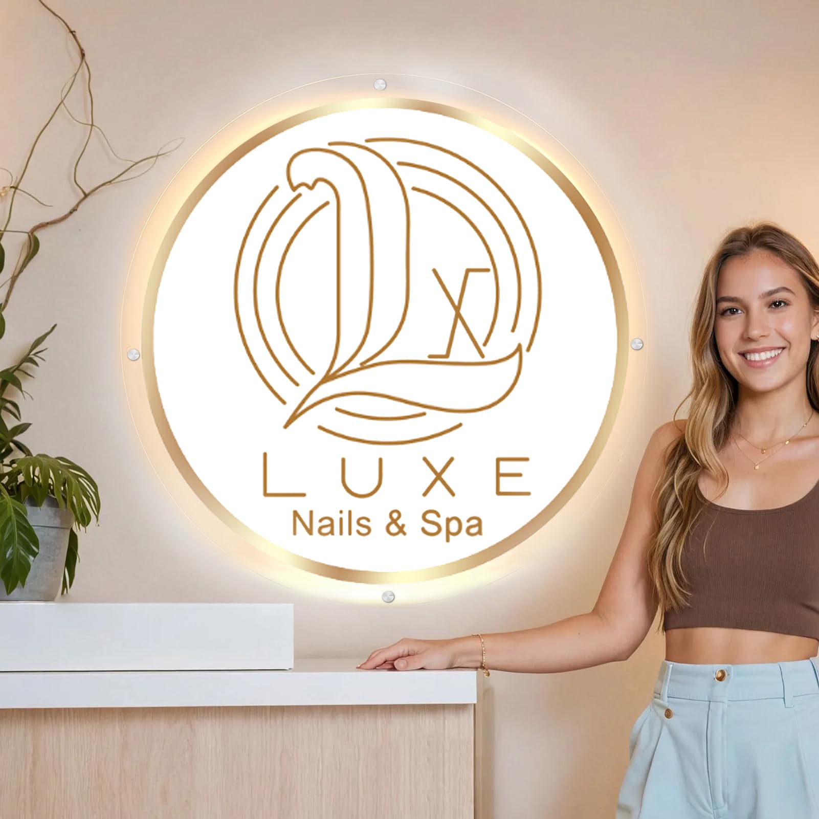 Custom Backlit Logo Sign, Personalised Floating Metallic LED Back Lit Picture Logo Sign for Business, Dimmable/RGB Light Logo for Nail Bar Spa Studio Shop Storefront Front Desk Background Wall Decor