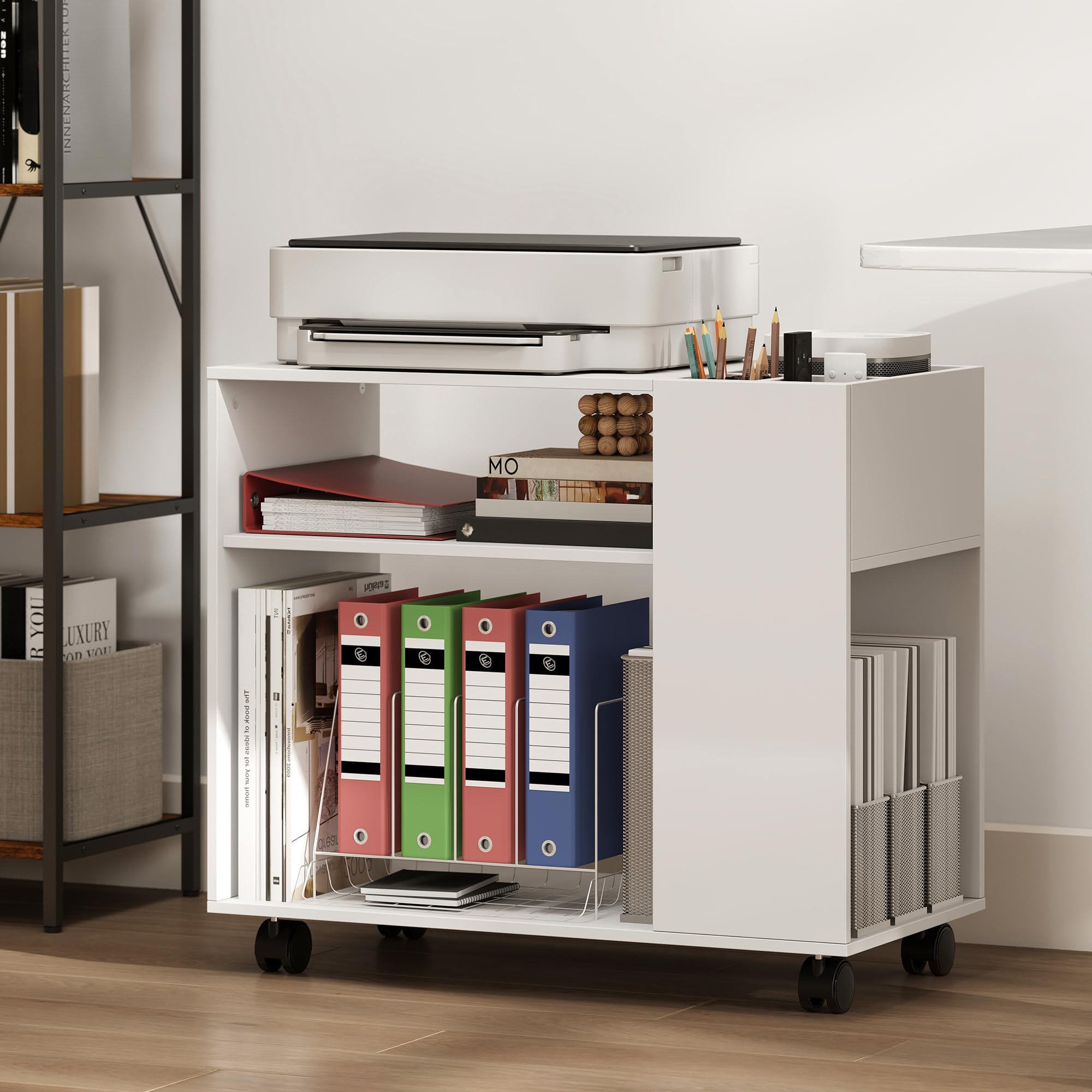 HOMCOM Meuble pour imprimante avec roulettes, meuble de bureau multifonctionnel avec compartiments ouverts, étagère et compartiment, table de chevet pour salon, chambre, bureau et , 70x36x60
