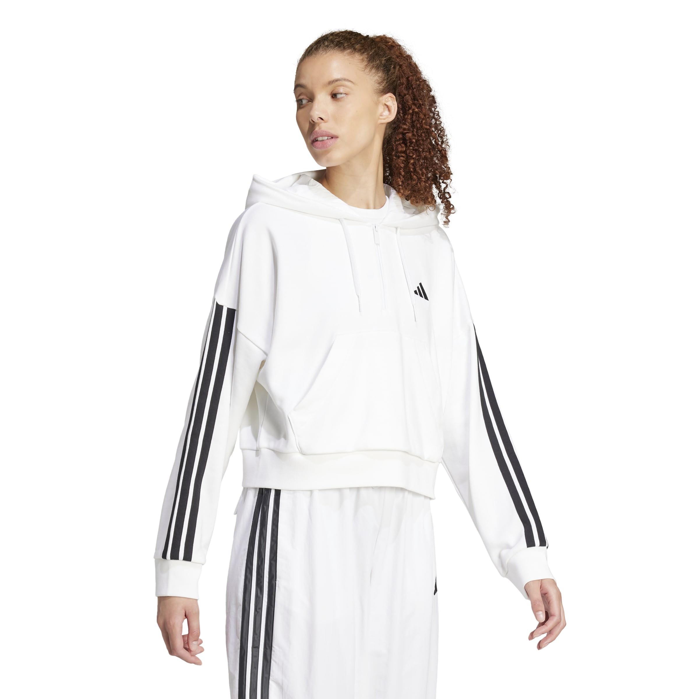 adidas Kobiety ESSENTIALS 3-STRIPES FRENCH TERRY QUARTER-ZIP HOODIE, White/Black, S