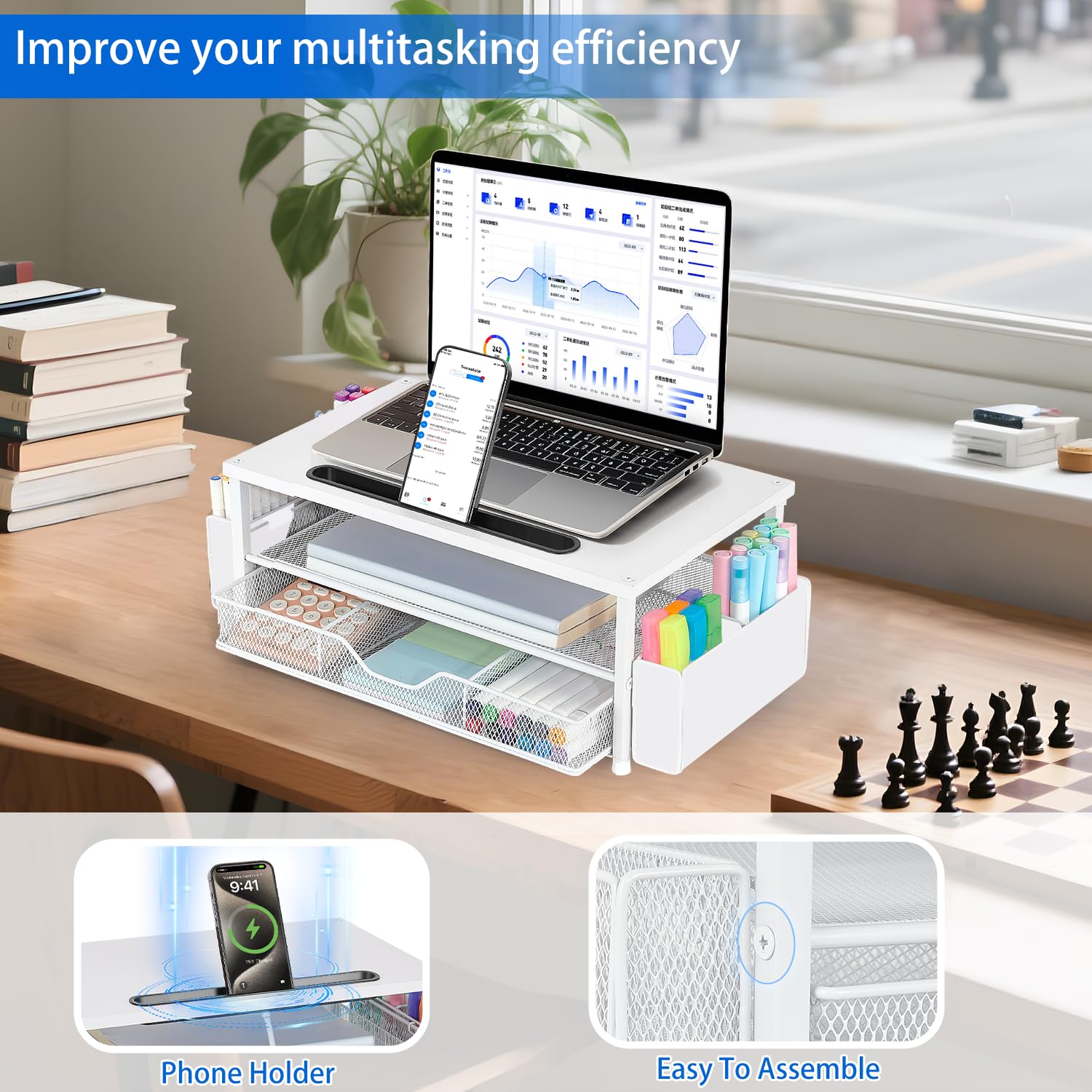 AUPSEN Weißer Monitorständer, 2-stöckig, Holz, Computer-Schreibtisch-Organizer mit Schublade, Stiftaufbewahrung und Handyhalter, Büro-Schreibtisch-Zubehör, Schreibtisch-Organizer für Bürobedarf