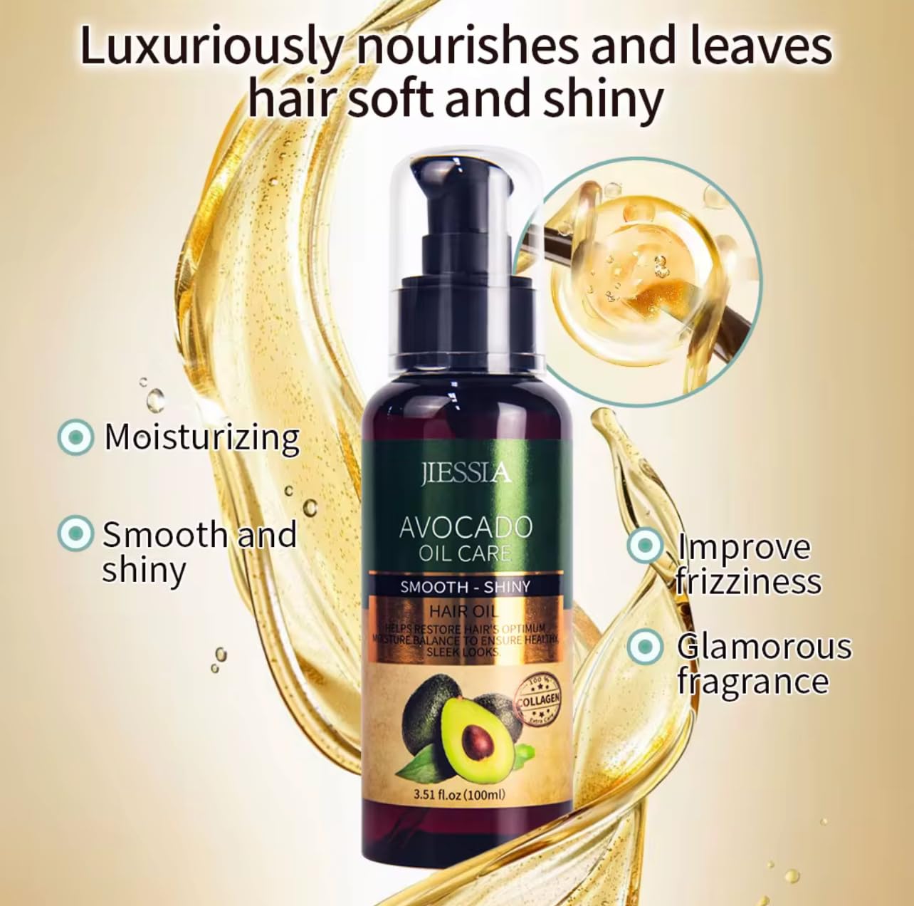 Avocado Hair Oil with Collagen, Smooth-Shiny Care, 3.51 fl.oz, Moisturizing and Frizz Control - Image 3