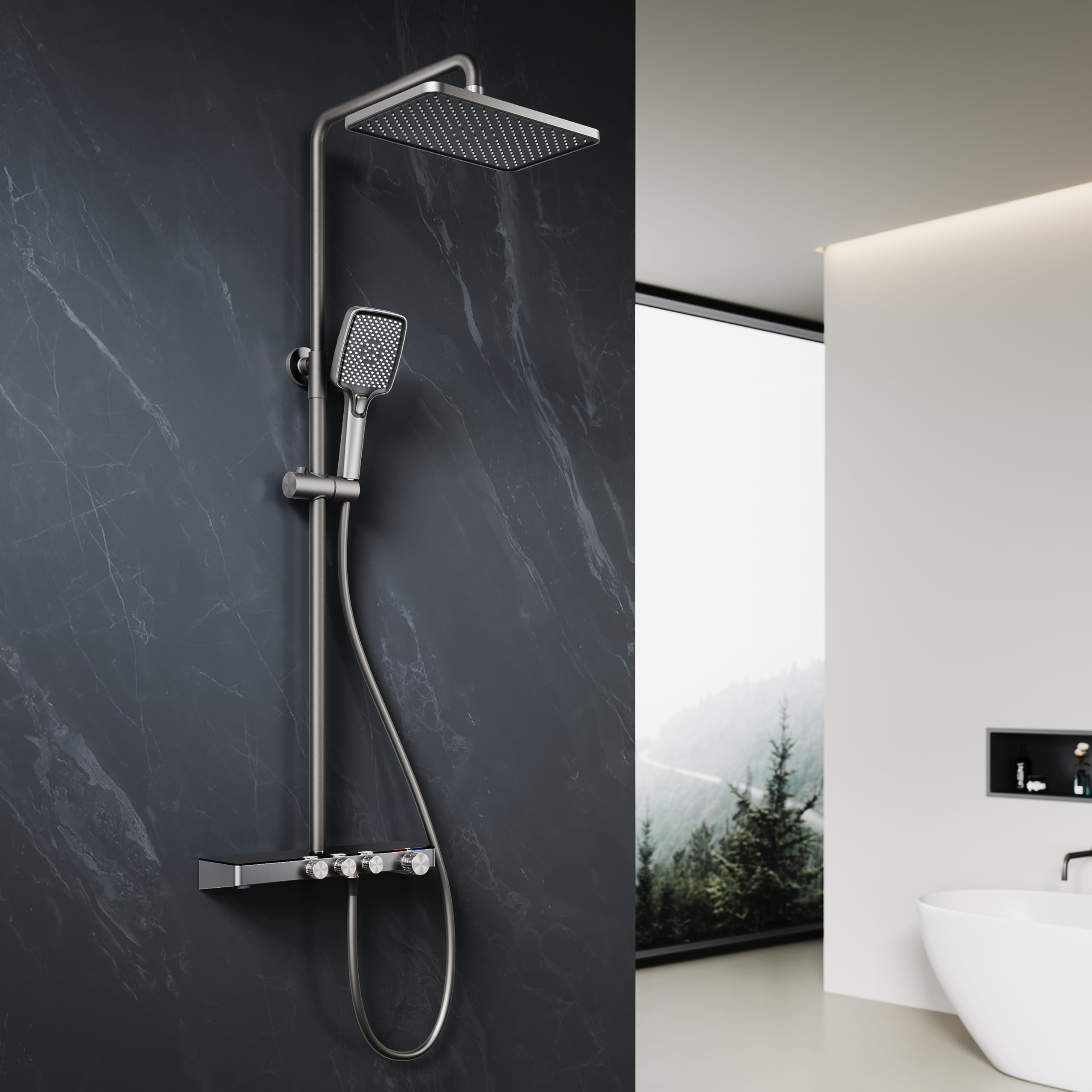ELEGANT Thermostatic Shower Mixer Set with 12" Square Rainfall Shower Head, 3 Modes Square Shower Head with Mobile Stand, Tub Spout, Anti-Leak Hose, Anti-Scald,Easy Install