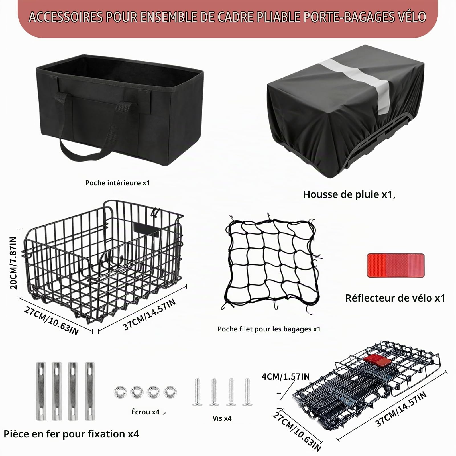 W&H Panier de vélo arrière pliable avec sac intérieur imperméable amovible, filet à bagages, housse étanche, bandes réfléchissantes