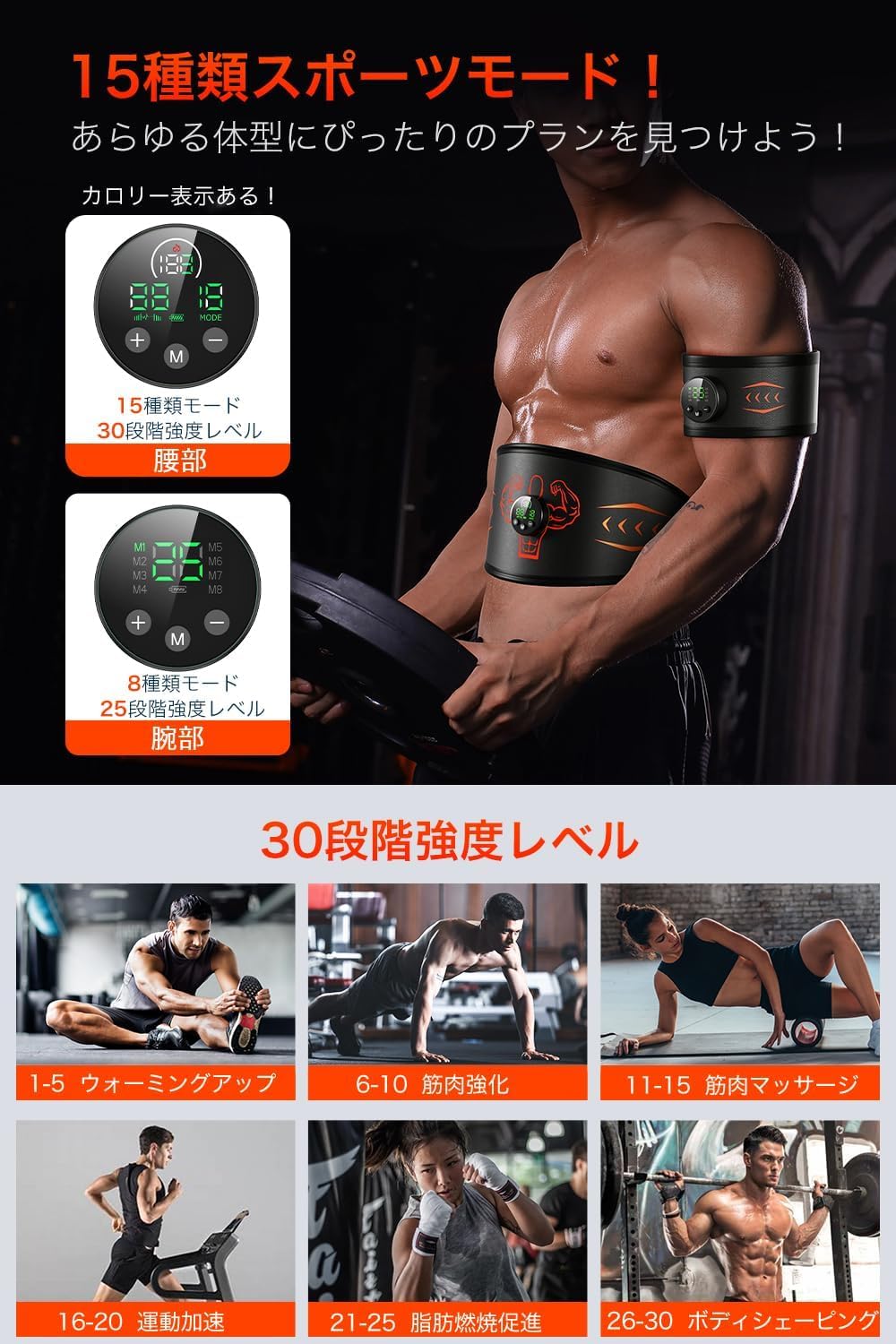 ①【業務用EMS】服を着たままOK Amazon.co.jp: EMS腹筋ベルト ジェル不要 15種類モード 12枚伝導布 30