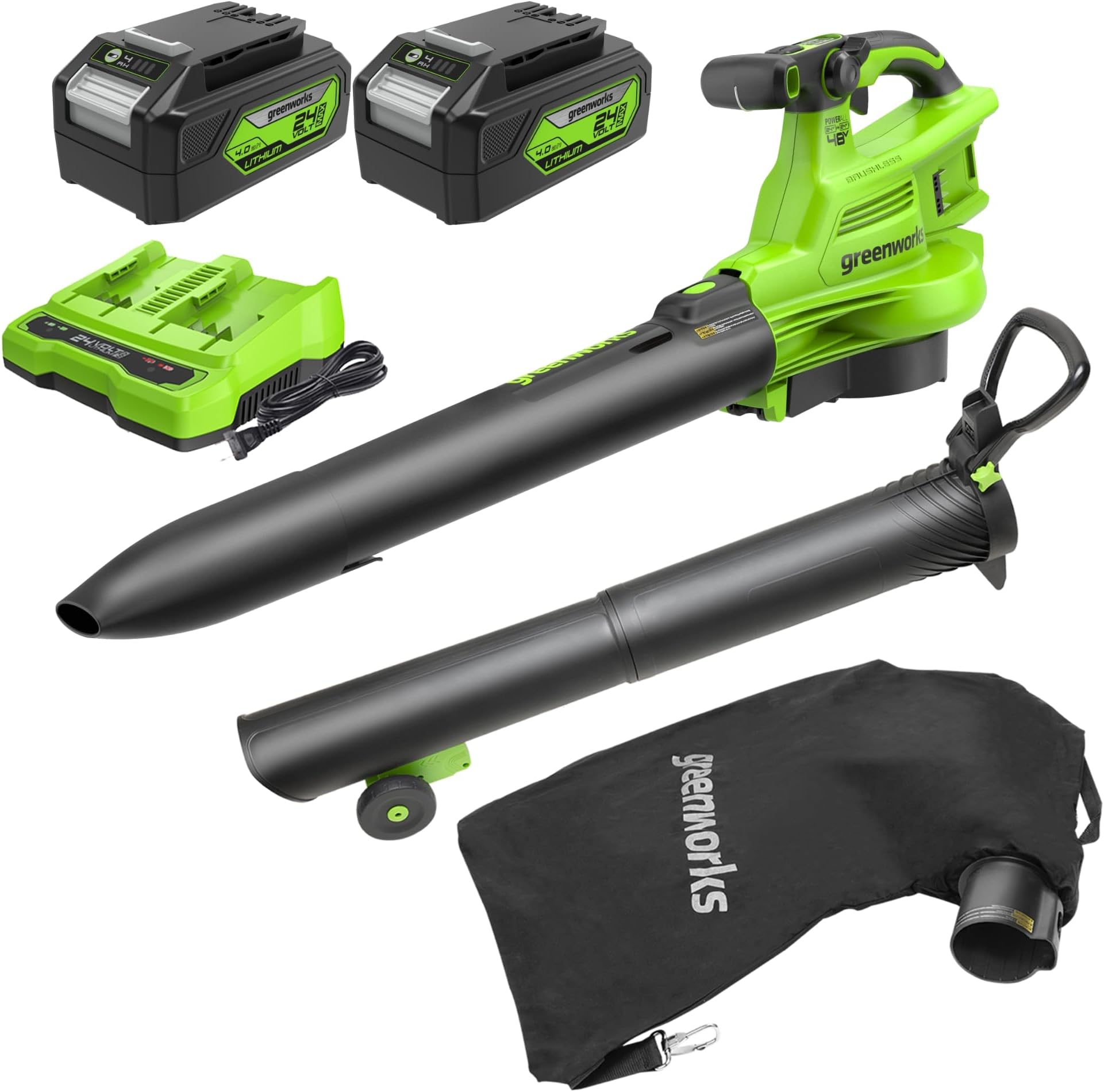 Greenworks 48V (24V x 2) Cordless Brushless Leaf Blower/Vacuum (520 CFM / 240 MPH) with Bag, Powerful & Efficient for Yard Debris Cleanup, Includes (2) 4.0Ah Battery & Dual Port Charger