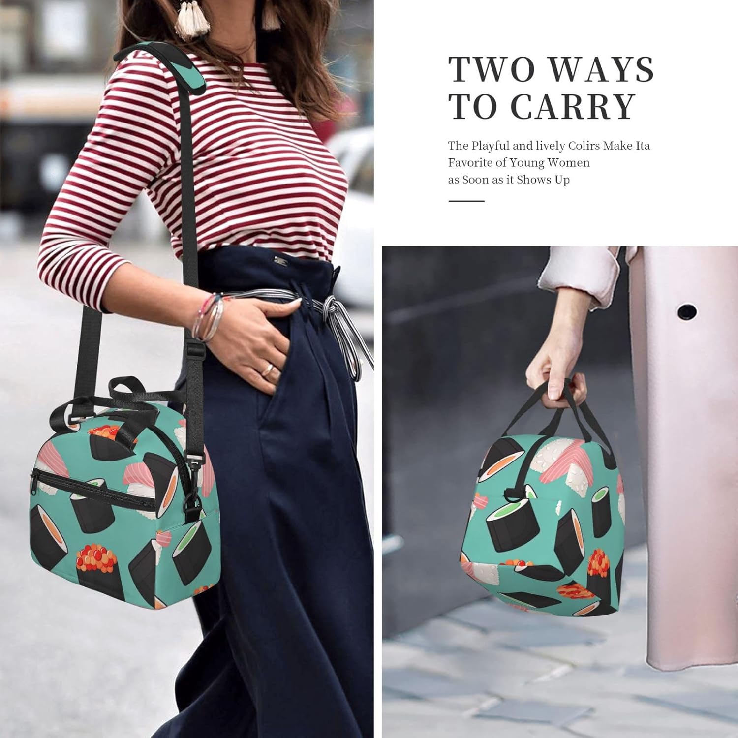 Sushi Food Pattern1 Print Reusable Lunch Bag Insulated Lunch Boxes for Office Work Picnic Tote Bag Adjustable