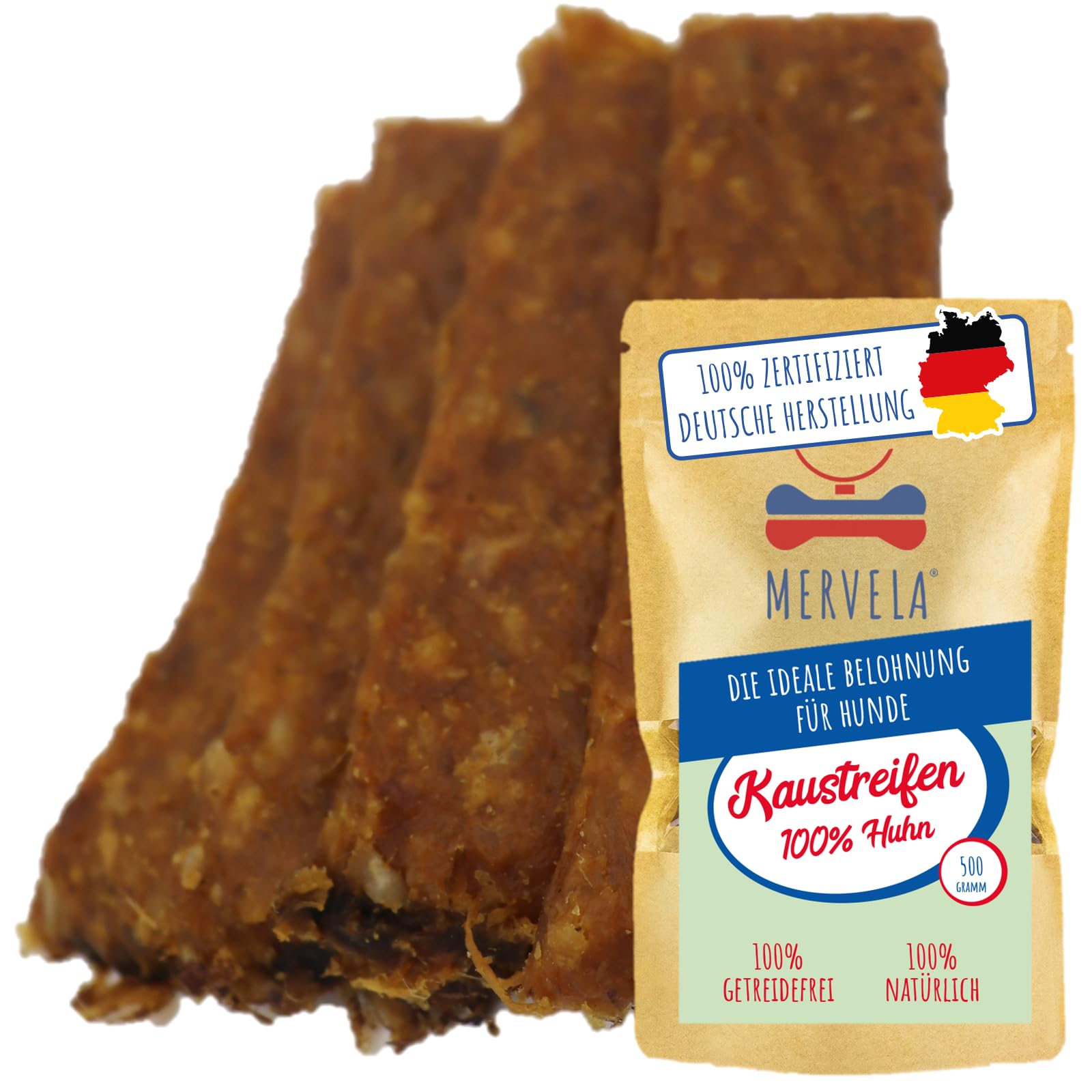 MERVELA® Huhn Fleischstreifen | 500 Gramm [Qualität aus Deutschland] für Sensitive Hunde | Belohnung | Trainingssnack | getreidefrei | Hundesnack