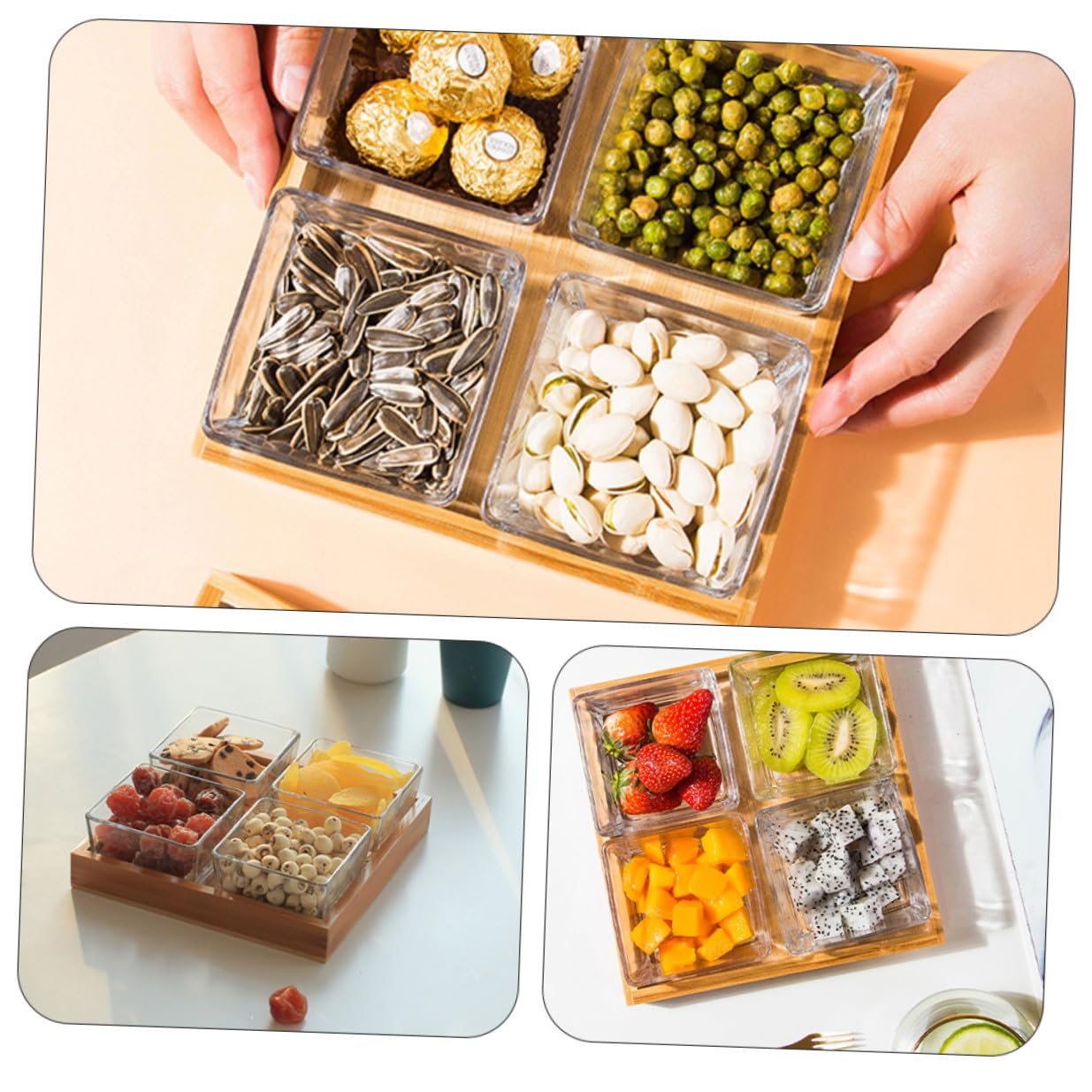 Artibetter Plateau de Service pour Fruits Secs et Noix Support en Bois en Verre Divisé Design Solide Couleur Aléatoire pour Apéritifs et Collations Raffinées
