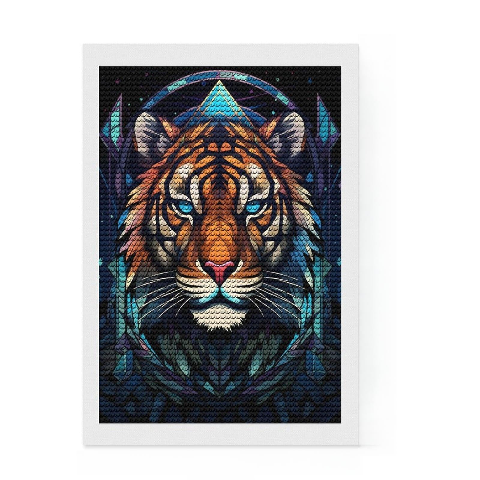 Junmoney Tiger Stained Glass Full Drill Diamond Painting Kit 8"x12", Stress Relief Craft, Round Gems, Full Kit Included, Thoughtful Present