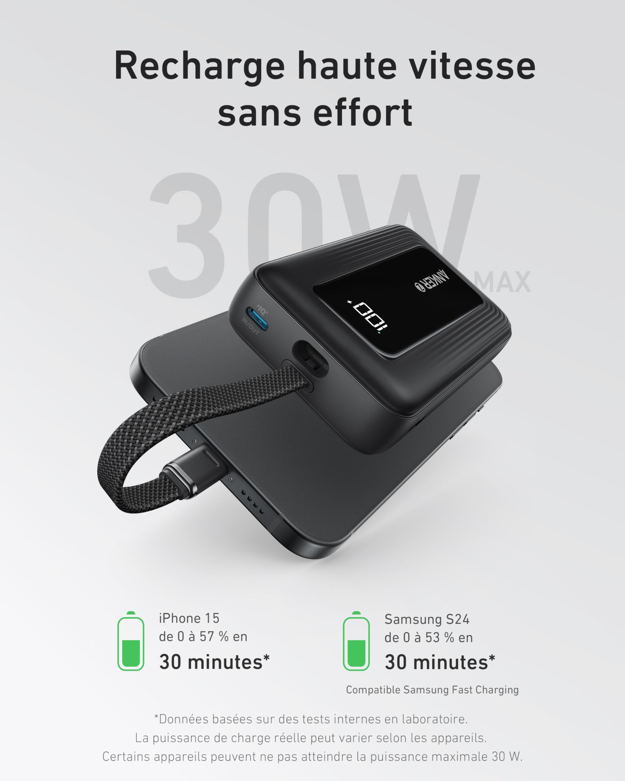 Anker Zolo Batterie Externe 10000mAh 30W, Power Bank Haute Vitesse Câble USB-C Intégré, 1 Port USB-C & A, pour iPhone 17/17 Pro/17 Pro Max/16, MacBook, Galaxy, et Autres
