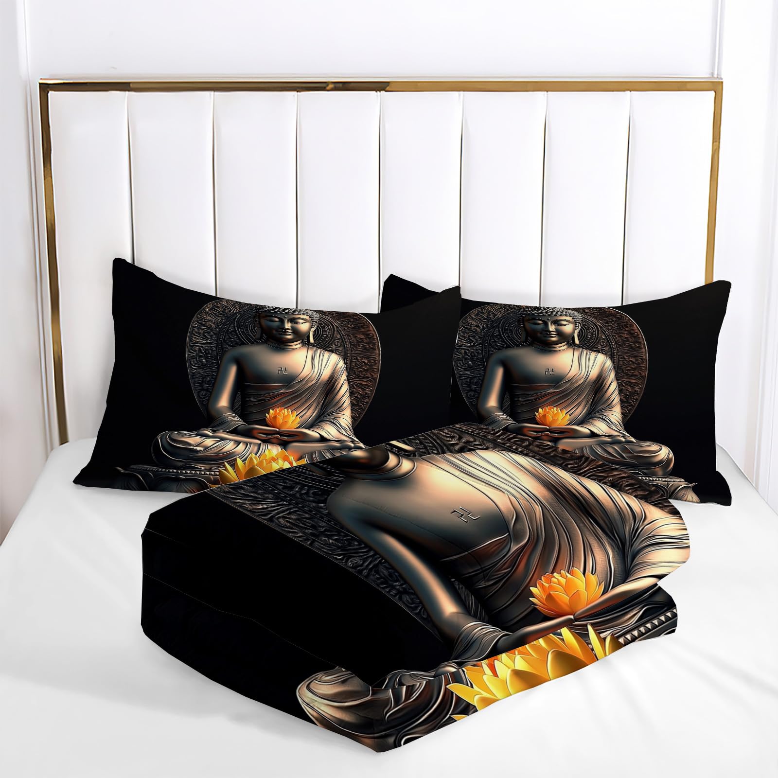 Copripiumino Matrimoniale Statua Di Buddha Realistica, Loto Dorato - Set Parure Copripiumino Matrimoniale In 100% Microfibra 3 Pezzi Con 2 Federa(50X75Cm) Cme Chiusura A Cerniera