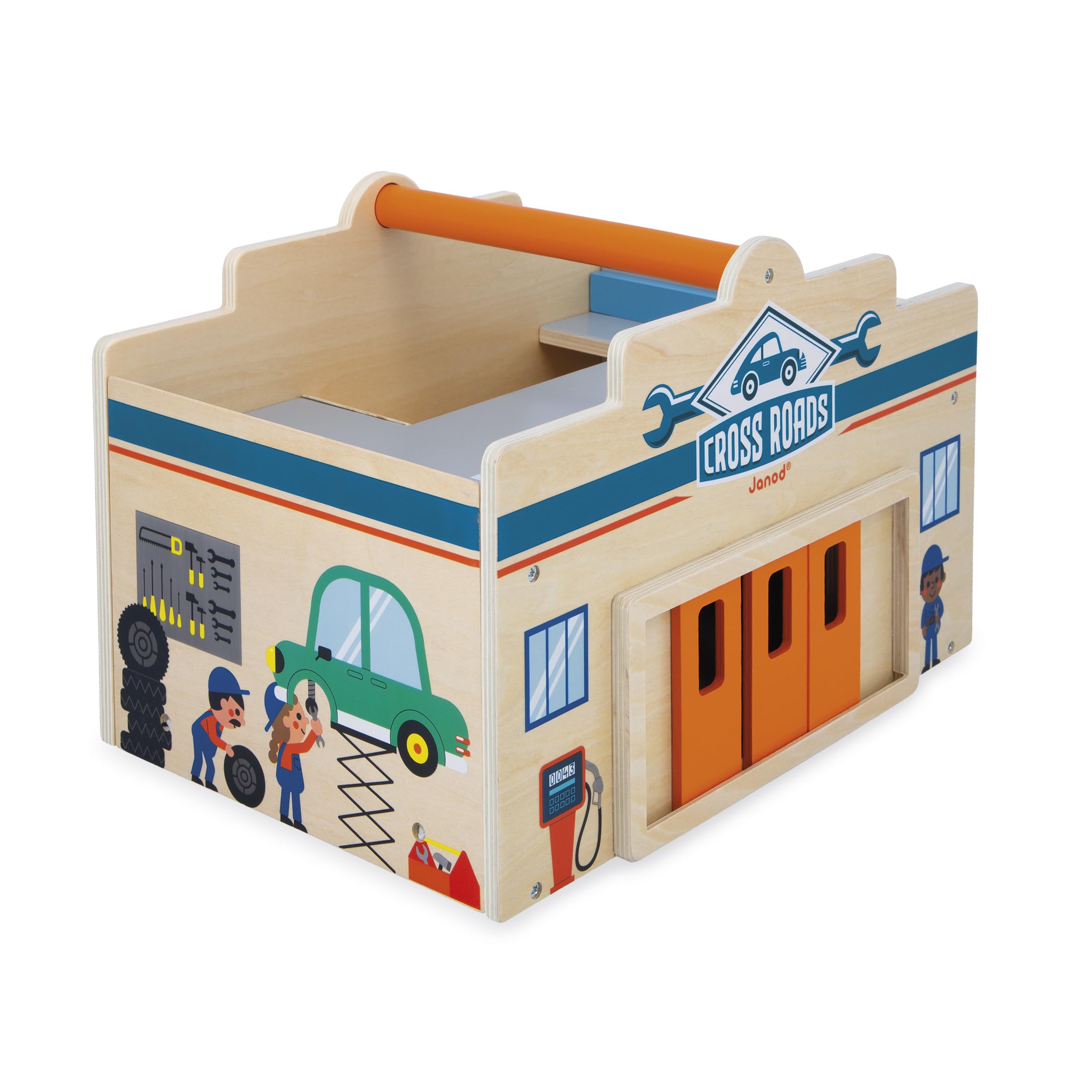 Janod - Mon Premier Garage Voitures en Bois Enfant 2 Ans et Plus - 2 Niveaux, Atelier Mécanique + Lavage Auto - 15 Accessoires Inclus - Dès 2 Ans