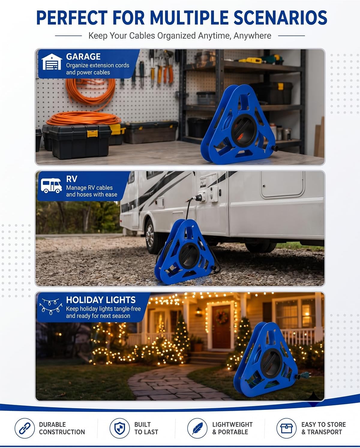 Extension Cord Reel – Heavy Duty 16 in. Portable Cable Winder – Organizes Up to 100 ft 16/3, 75 ft 14/3 or 50 ft 12/3 Extension Cord – Ideal for Garage, RV, Camping, Garden & Workshop image 5