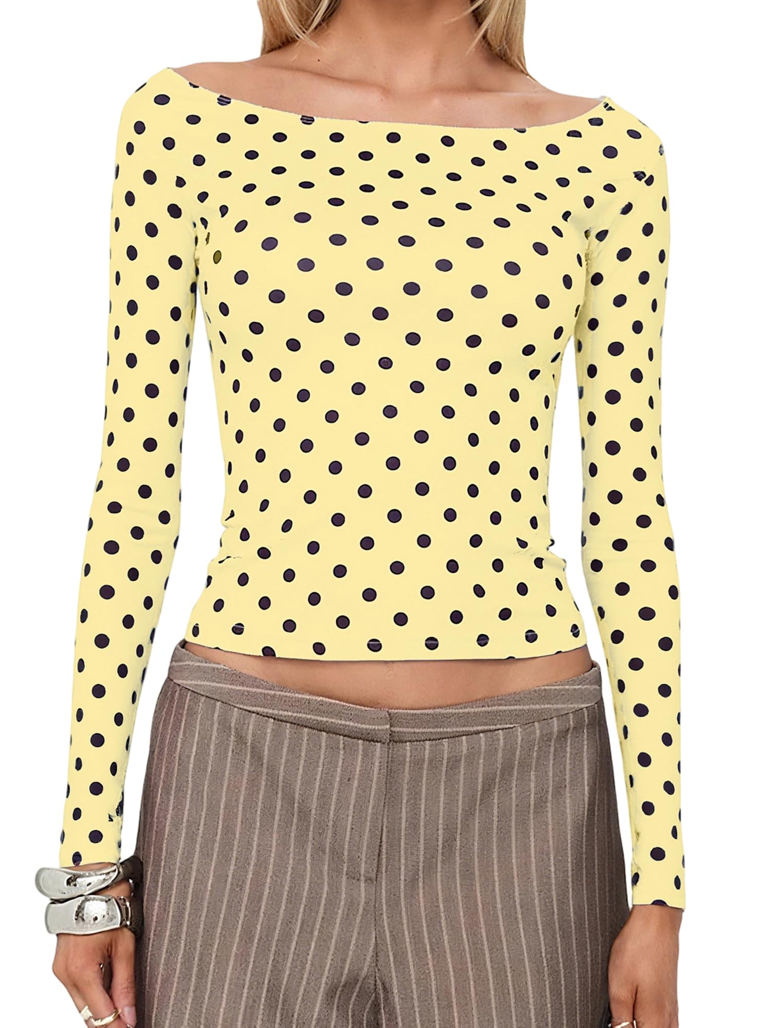 Women's Trendy Polka Dot Top Stretchy Slim Fit Basic Long Sleeve T Shirt Casual Going Out Crop Tops Streetwear (B-Yellow, M)