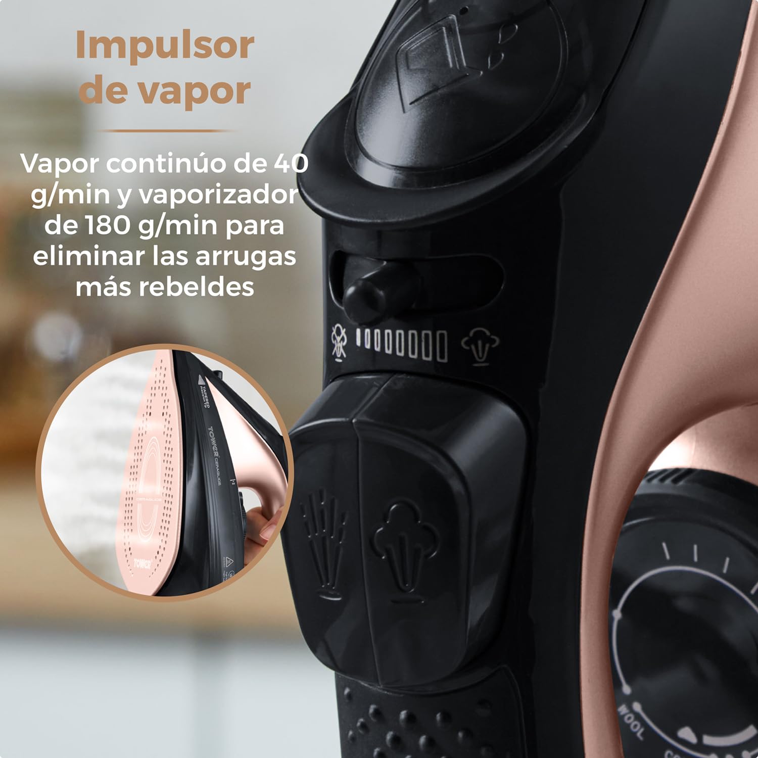 Tower T22008RG Plancha de Ropa Sin Cable – Plancha de Vapor con Suela Cerámica CeraGlide y Función de Vapor Variable, 2400 W – Negro y Oro Rosa