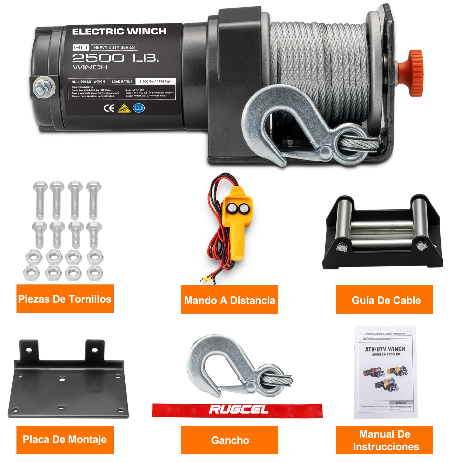 RUGCEL Cabrestante eléctrico 2500 LB 12V, cabrestante para ATV/UTV con Cable de Acero, Placa de Montaje y Mando a Distancia con Cable, para Remolque, Todoterreno y Rescate