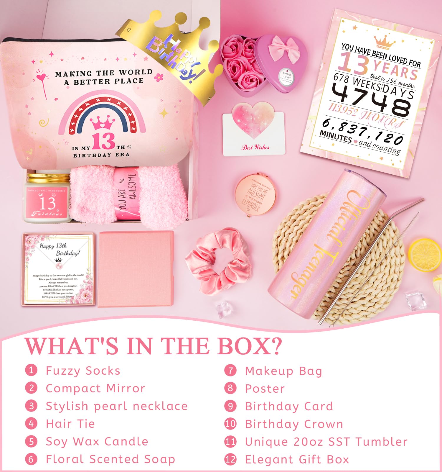 Set Regalo 13° Compleanno Per Ragazze - 12 Pezzi Unici Con Bicchiere '13 & Fabulous' E Corona - 3