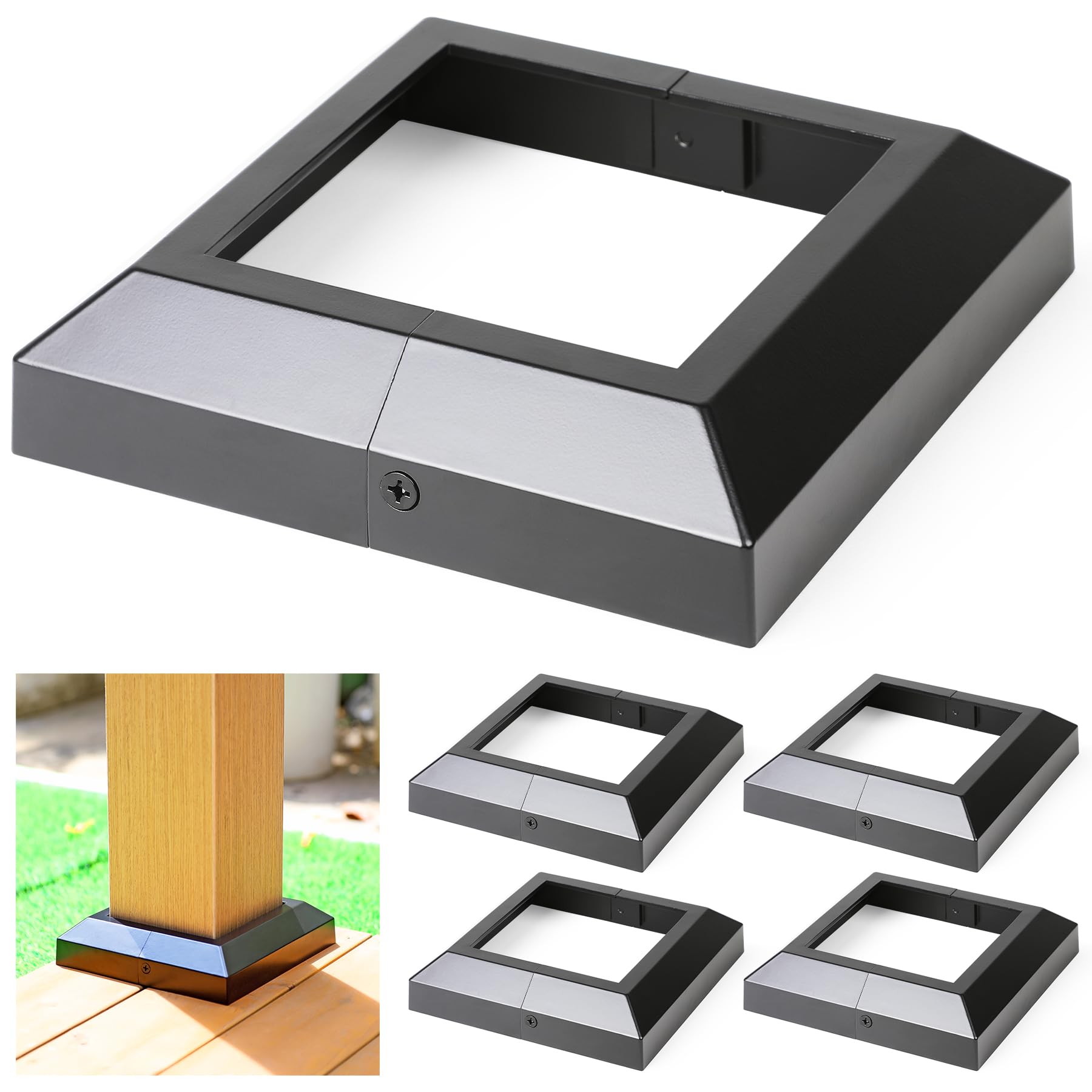 Wocepu 4 pcs 5.5"x5.5" Aluminum Deck Post Base Cover, for Deck railings, Stairs, Patios, Porches Split Deck Post Skirt (Black)
