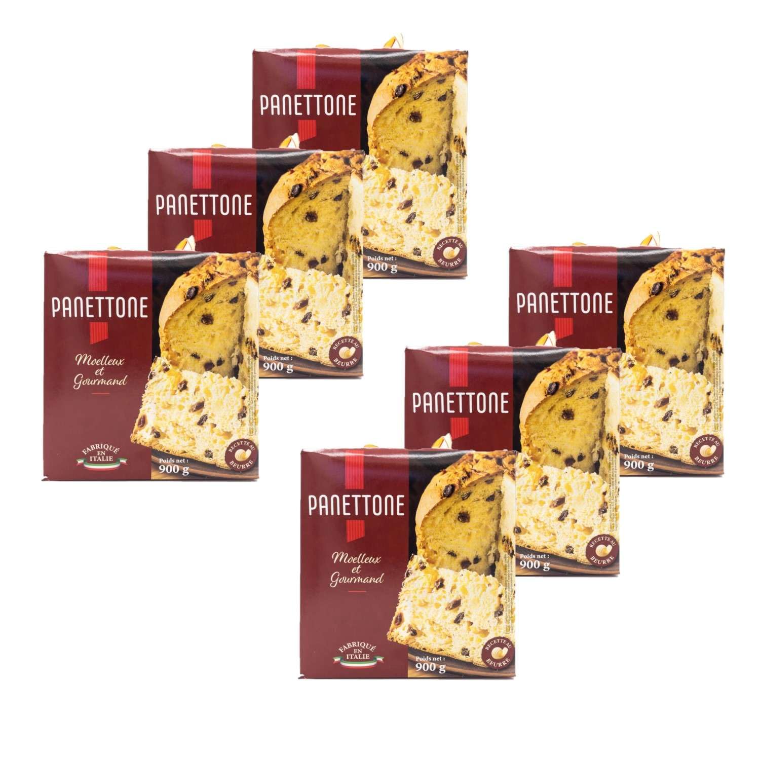 Panettone pur beurre fabriqué en Italie - lot de 6 boîtes de 900g - pâtisserie au levain naturel, aux raisons secs et aux écorces d'oranges confites