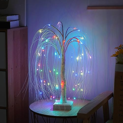 Miniatura 9 de Árbol artificial de 2 pies con lámpara de mesa de luz LED, árbol de Navidad de color RGB para decoración de cumpleaños, boda, fiesta (abedul blanco