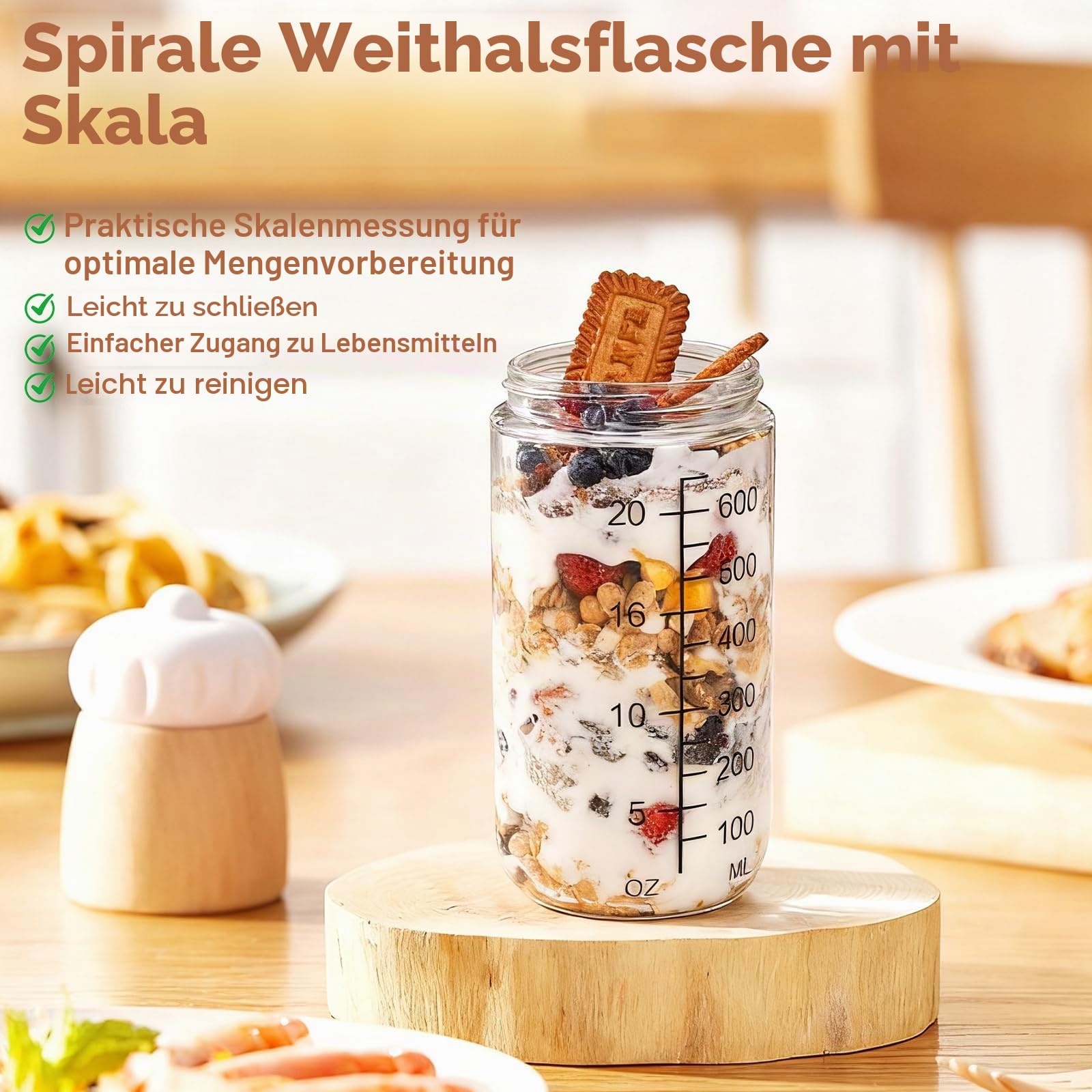 4 Stück Meal Prep Gläser 750ml, Overnight Oats Gläser, Messmarkierungen, Borosilikatglas Einmachgläser mit Schraubverschluss & Luftdichtung, Stapelbare Vorratsgläser für Salat,Joghurt,Pudding