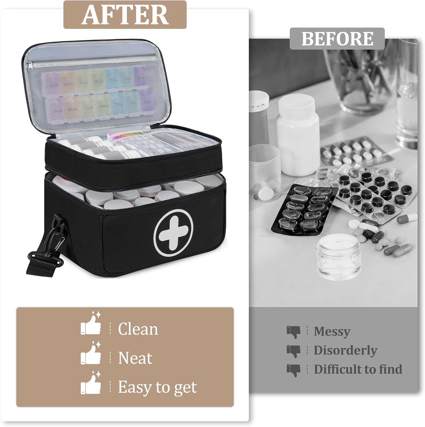 Medicine Organizer Bag, 2 Layer Pill Bottle Organizer Storage Bag Empty, Lockable Medicine Travel Bag with Adjustable Divider, Suitable for Pills, Vitamins, Fish Oil,Medical Supplies