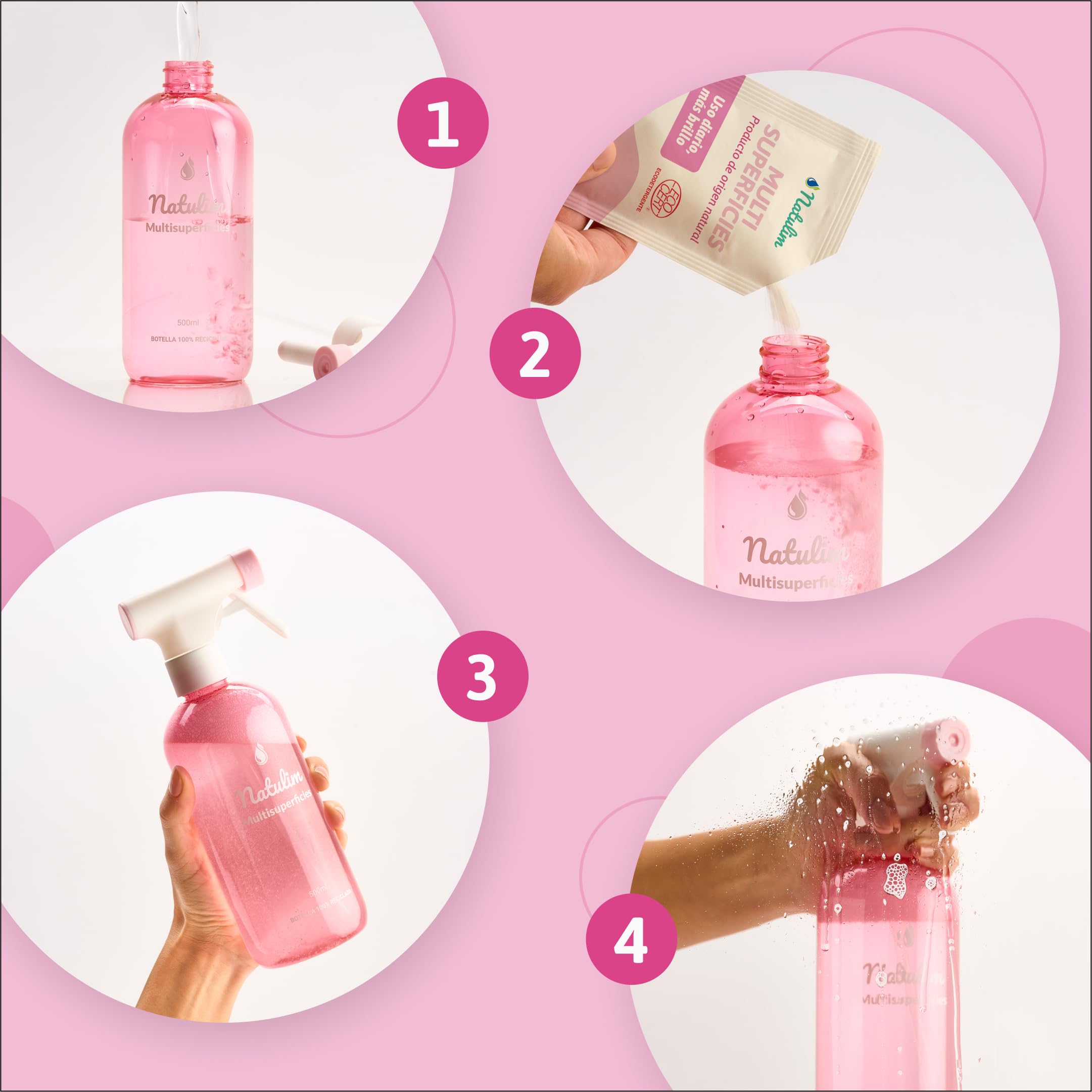 Natulim Pack Limpiador Multisuperficies - Superficies Impecables sin Esfuerzo - Apto para Todo Tipo de Superficies - Set Pulverizador Recargable 500 ml + 2 Sobres de Recarga (1 Sobre = 500 ml).
