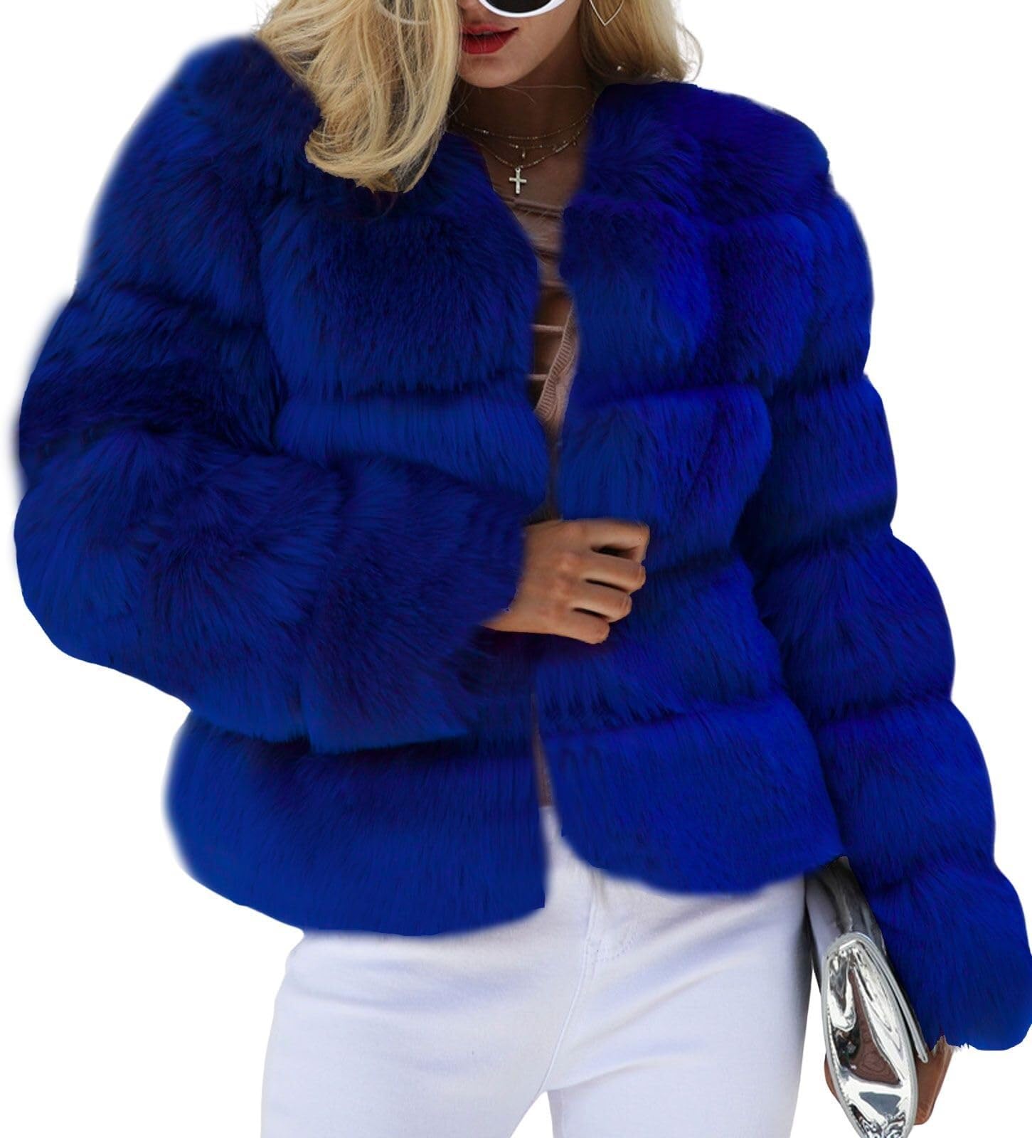 Lockenstab Women's Royal Blue Warm Fluffy Cropped Puffer Jacket Faux Fur Coat Crop Parka Collarless Winter Teddy Bear Overcoat(,Large)