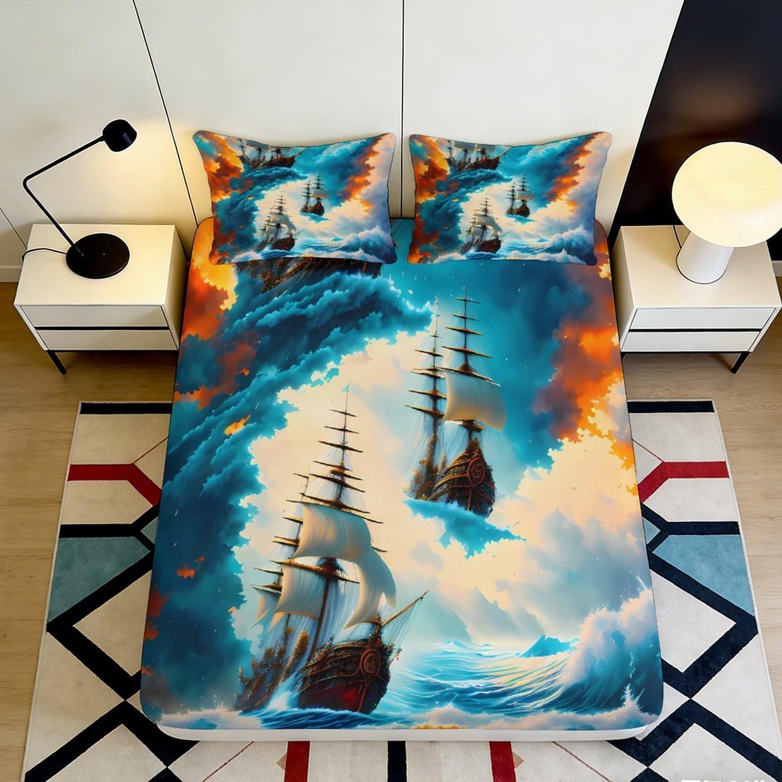 3D Printed Ocean Sailing Ship Fitted Sheet Microfiber Artistic Sky Bed Cover for Bedroom Dorm Mattress Decor 90x200x25cm