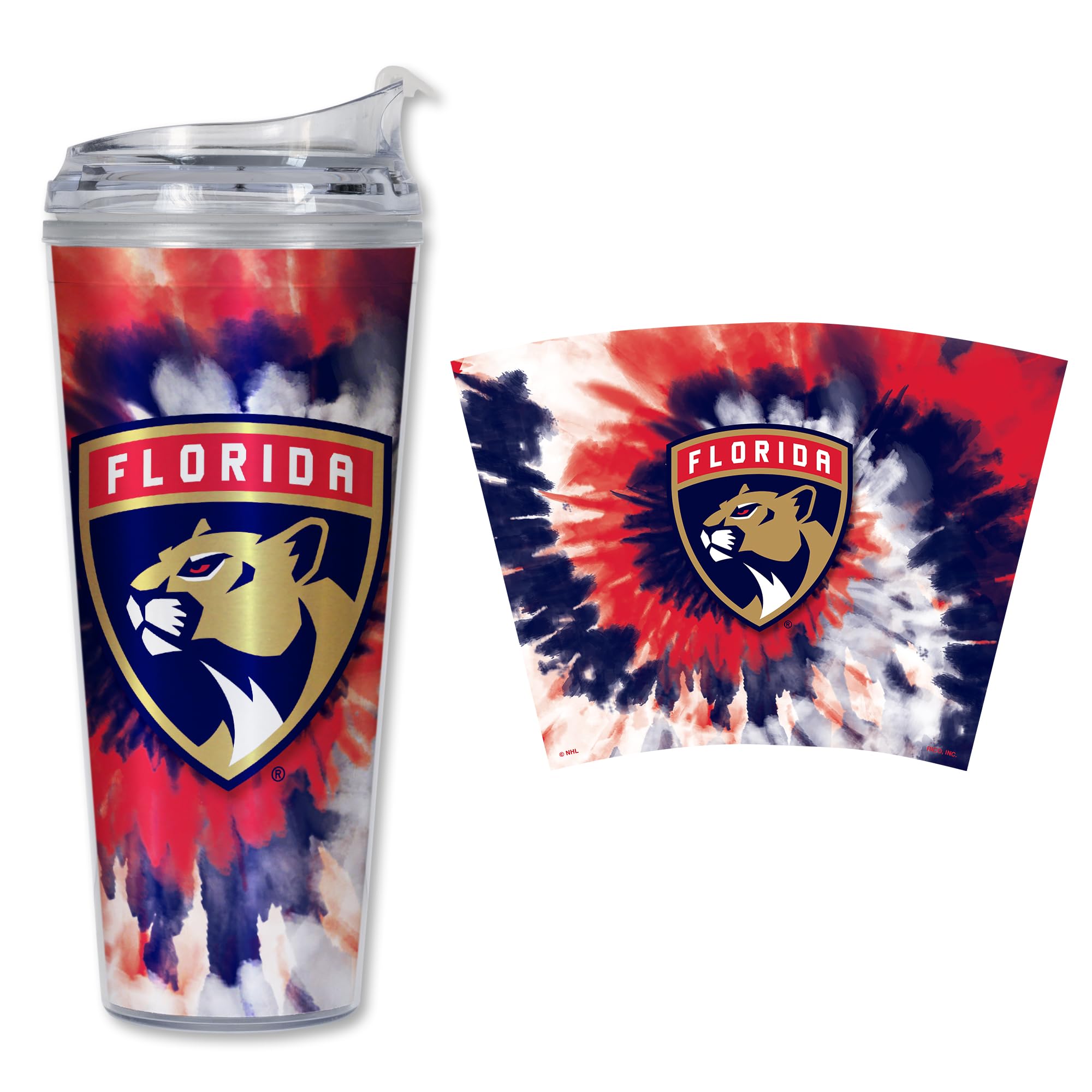 Rico Industries NHL Hockey Team Color Tie Dye 24oz Metallic Acrylic Tumbler with Hinged Lid, Officially Licensed Double Wall Tumbler with Straw