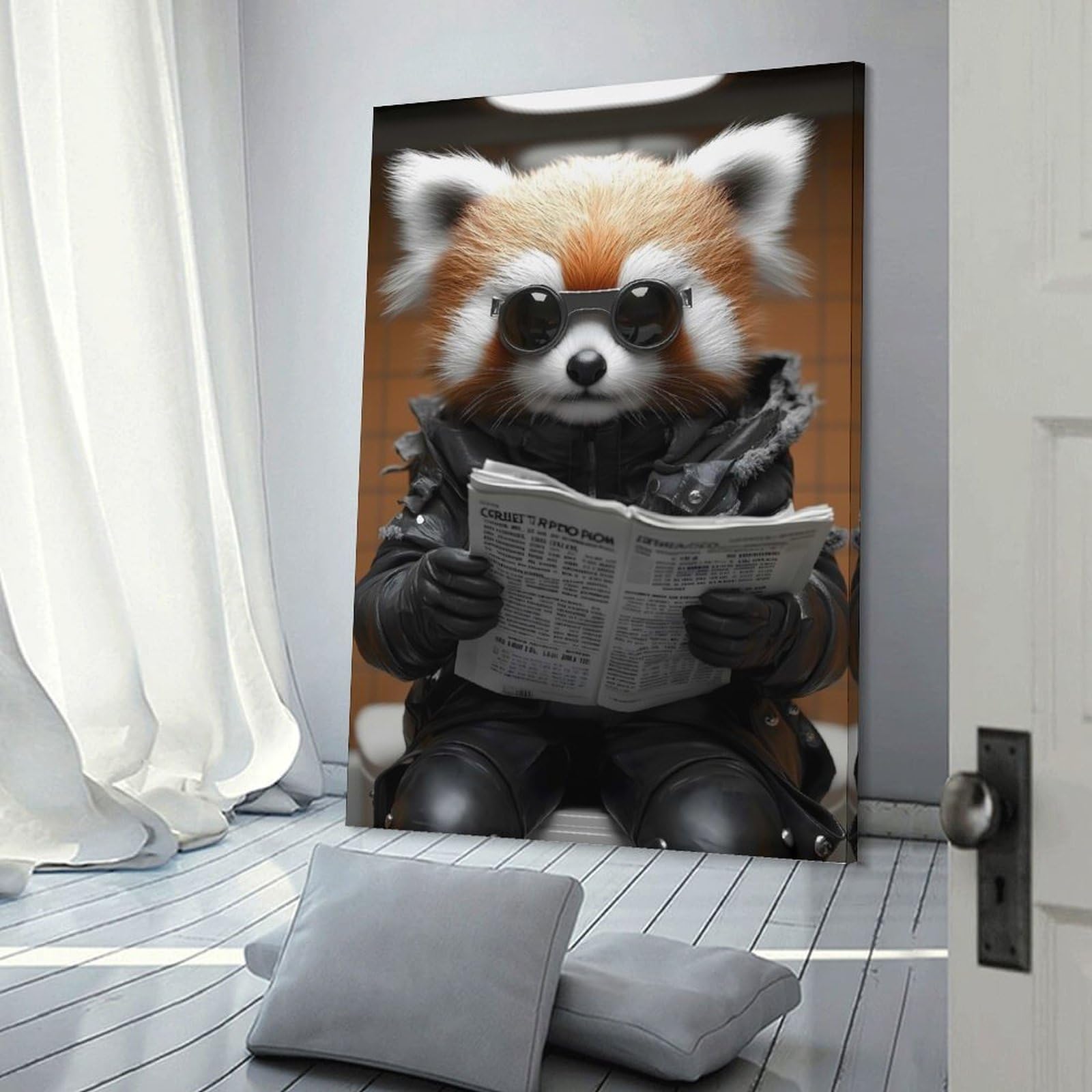 Junmoney Frame-Style-18-2 Red Panda Reading Newspaper On Toilet Poster, Picture, Metal Print, Paint By Melvina Poole Home Decor Wall Art 24X36inch(60X90cm), For Gallery Wall Layouts In Home Or Office, A Versatile Canvas Print
