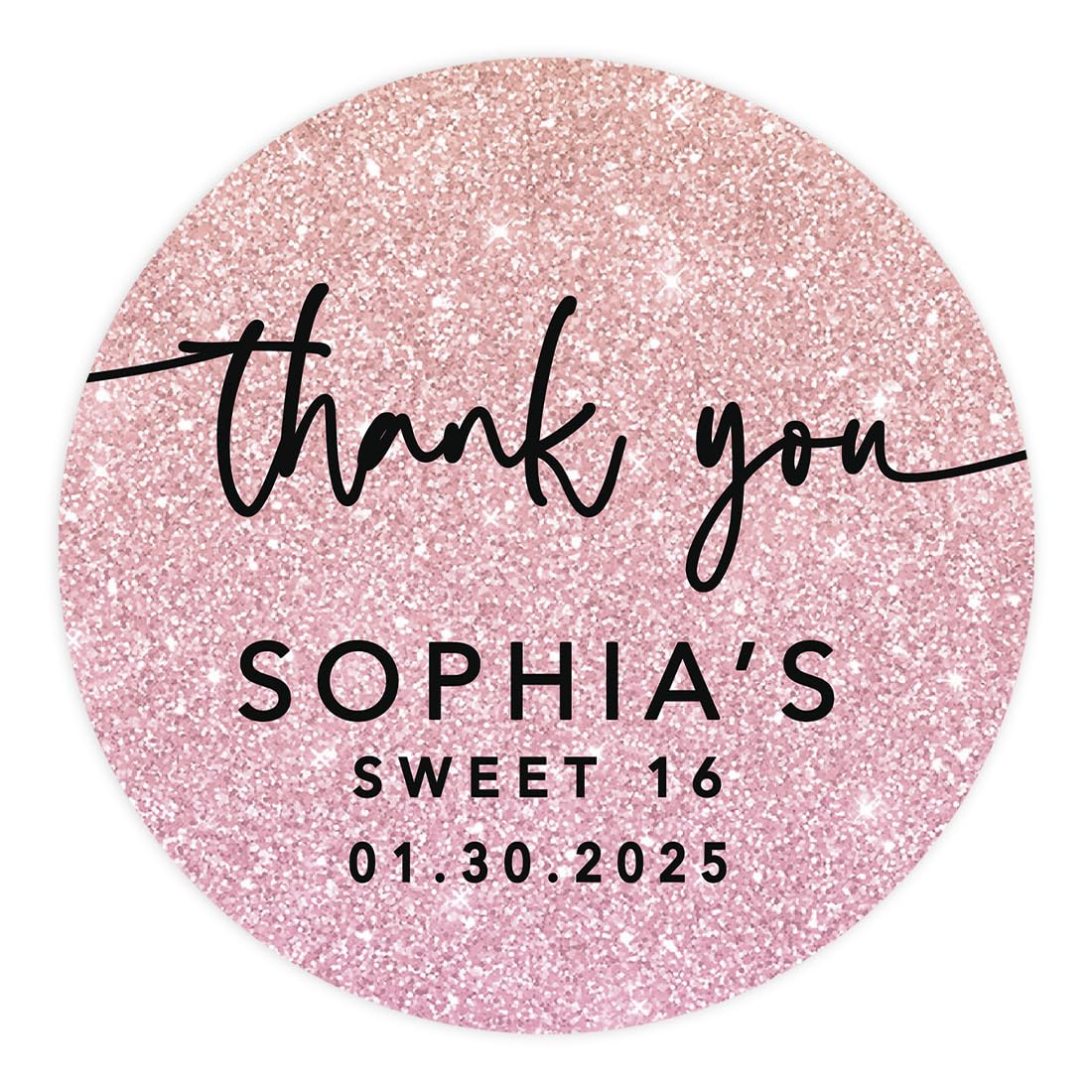 Andaz Press 40-Pack Personalized 2" Circle Sweet 16 Labels Glitter Pink Thank You Favor Stickers, Custom Name for Girls Sweet Sixteen 16th Birthday