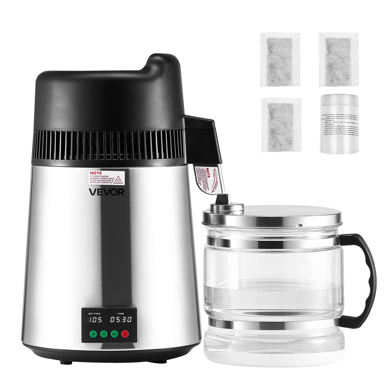 VEVOR Water Distiller, 6L 1.6 Gallon Larger Pure Water Purifier Filter For Home Table Countertop, 900W Glass Pot Distilled Maker, Stainless Steel Interior Drinking Machine to Make Clean Waters, Silver