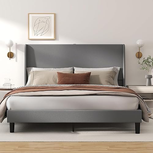 GTRACING Queen Size Bed Frame, Upholstered Platform Bed Frame with USB Type-C Tall Headboard Wingback, Soft Velvet Fabric, No Box Spring Needed, Easy Assembly, Grey